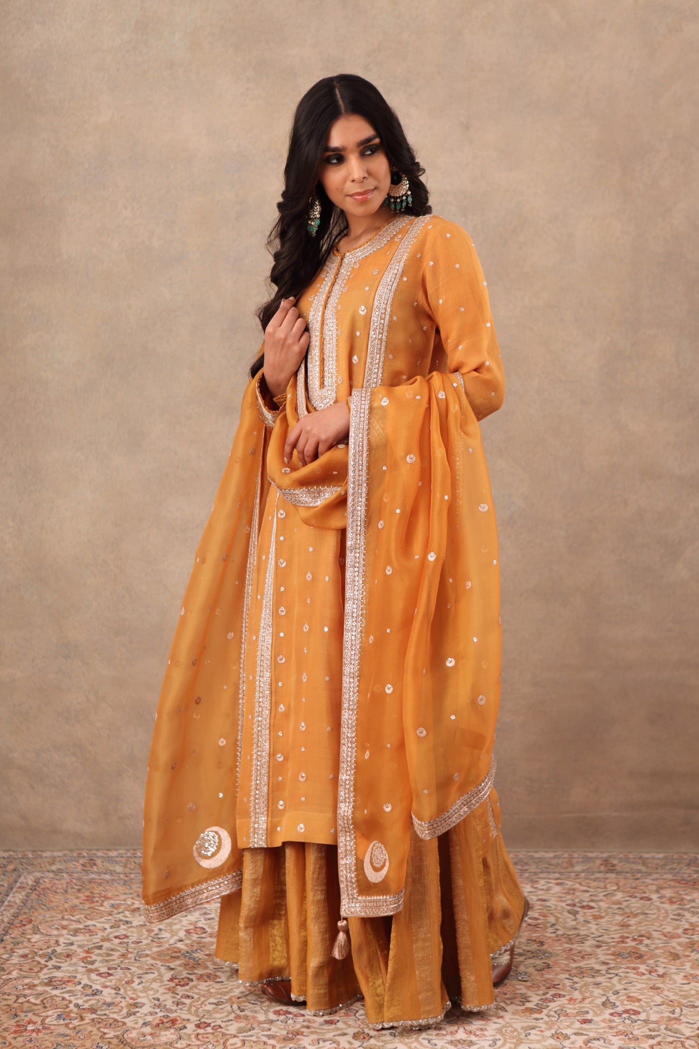 Hand Embroidered Mustard Yellow Pure Katan Silk Kurta Sharara Set