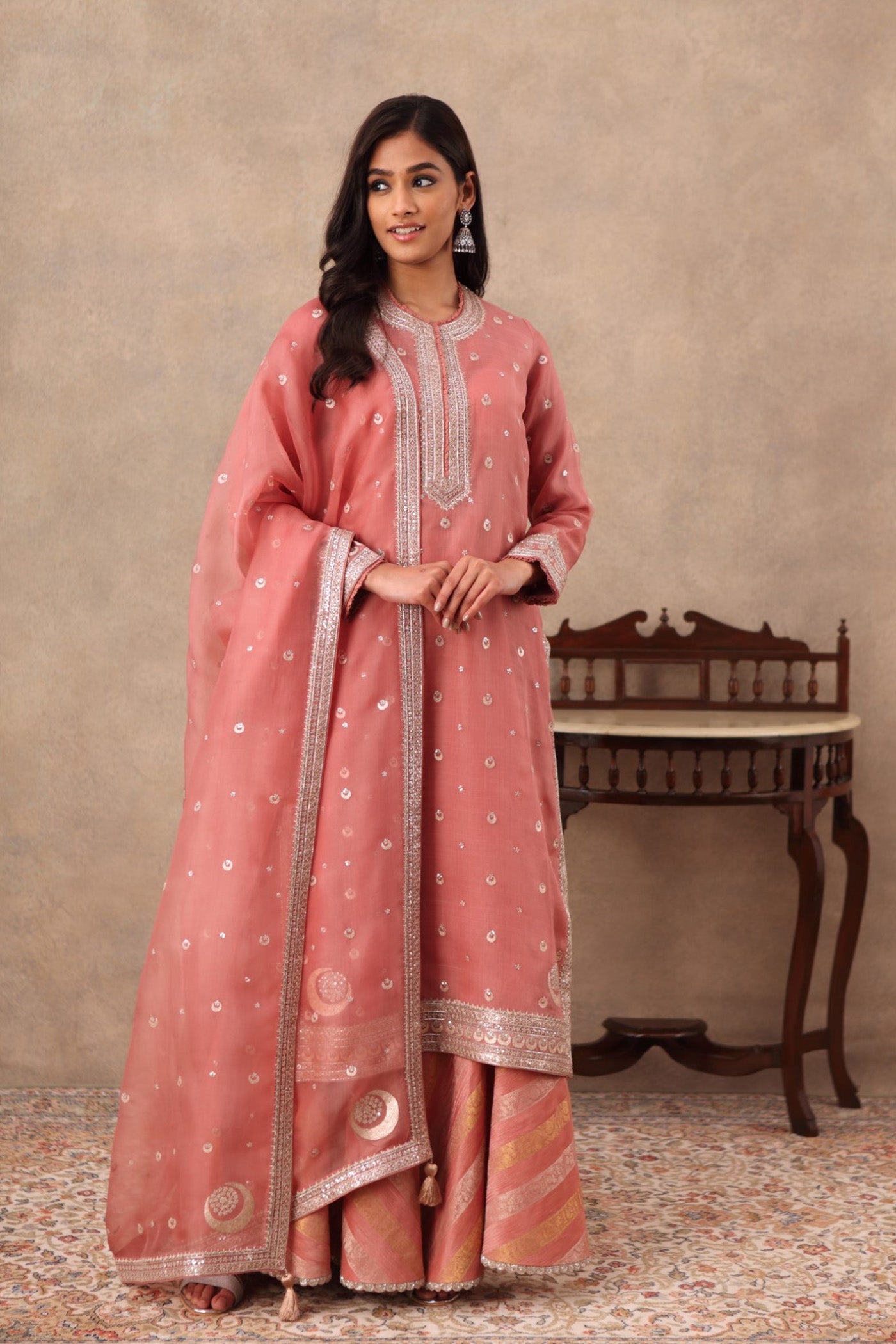 Hand Embroidered Terracotta Pink Pure Katan Silk Kurta Sharara Set