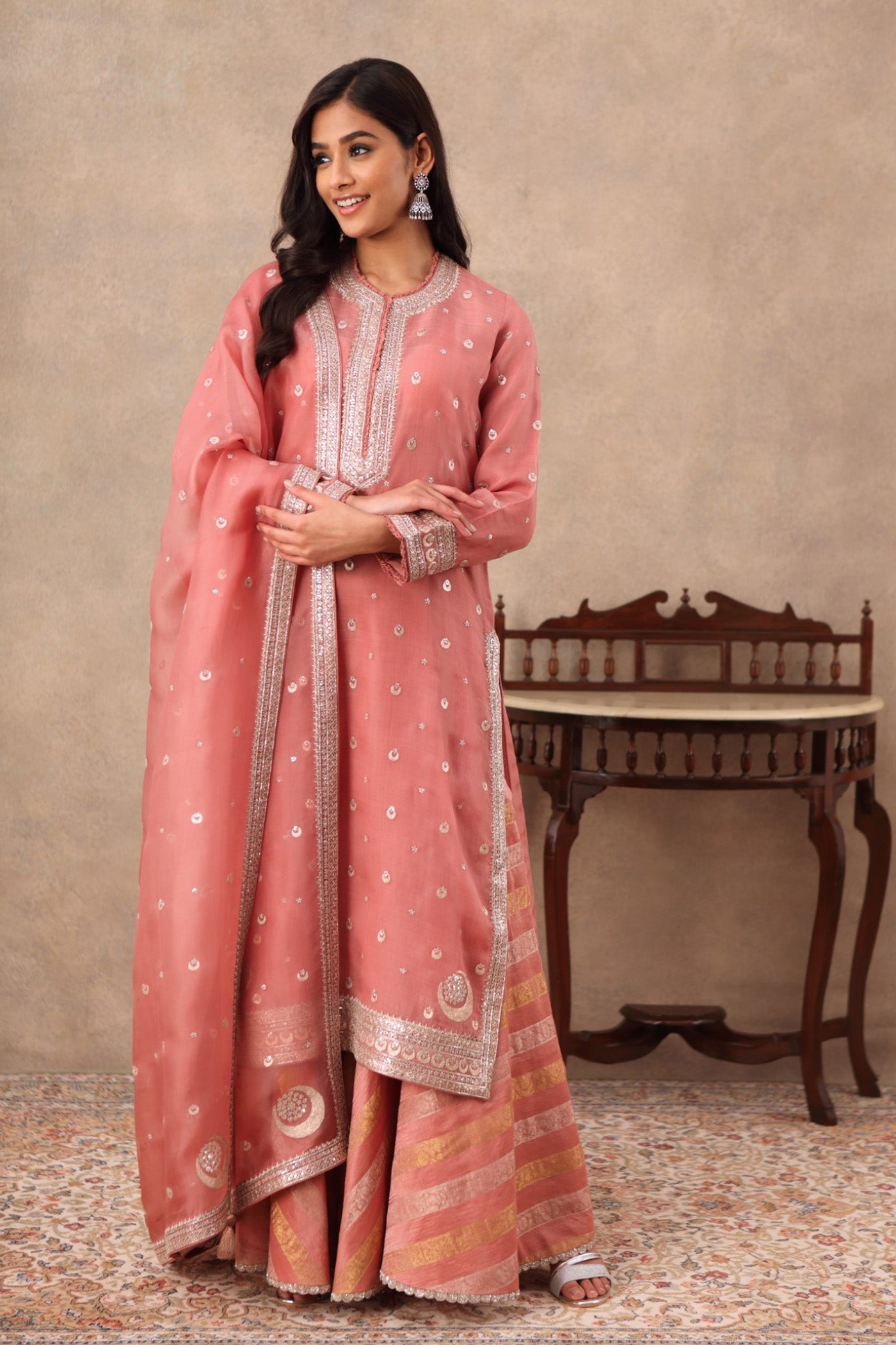 Hand Embroidered Terracotta Pink Pure Katan Silk Kurta Sharara Set