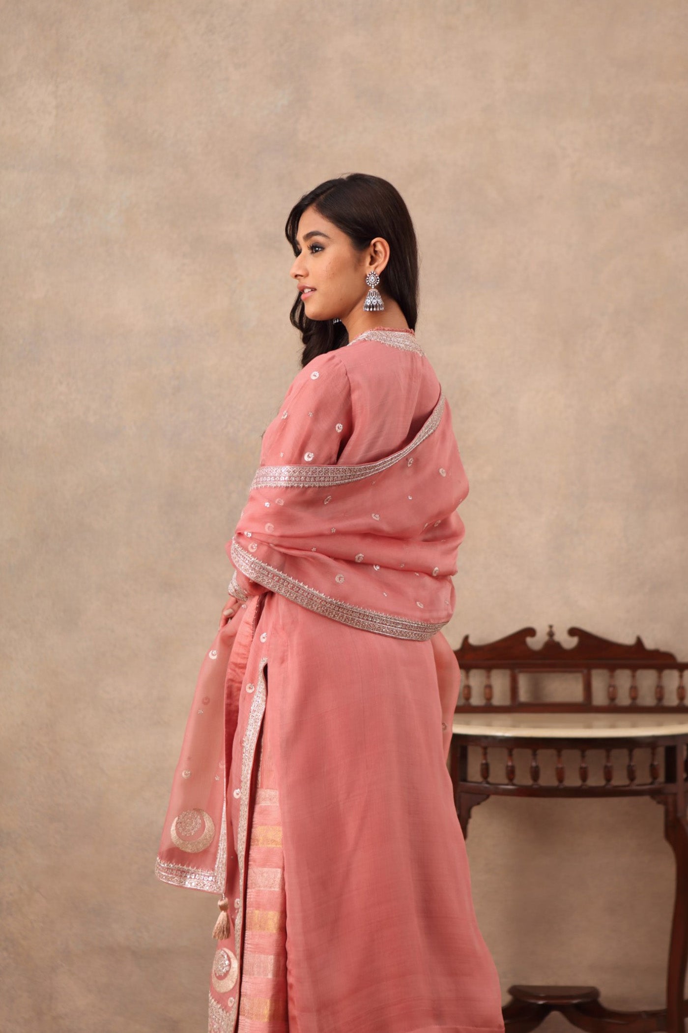 Hand Embroidered Terracotta Pink Pure Katan Silk Kurta Sharara Set