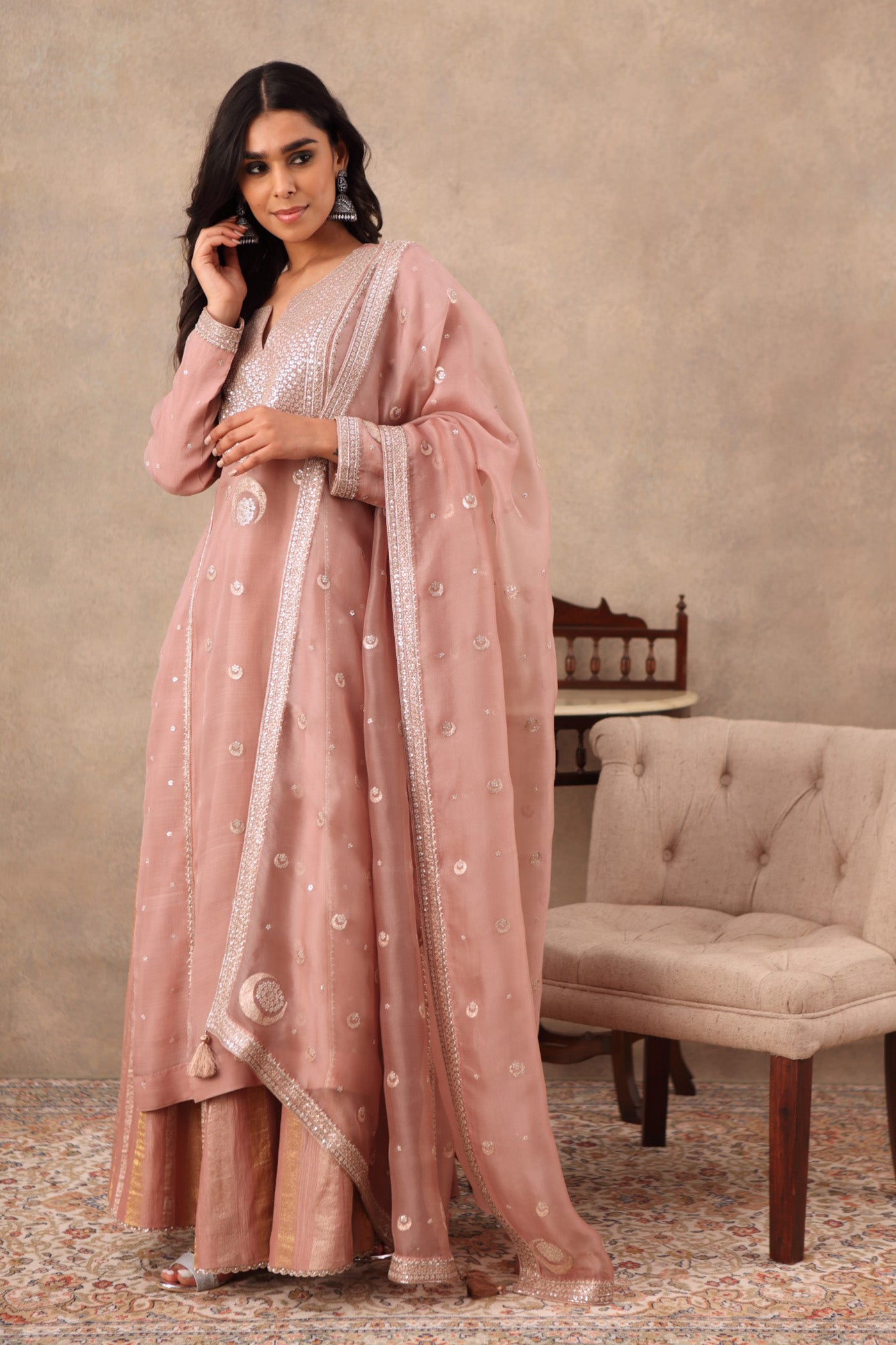 Hand Embroidered Rose Brown Pure Katan Silk Kurta Sharara Set