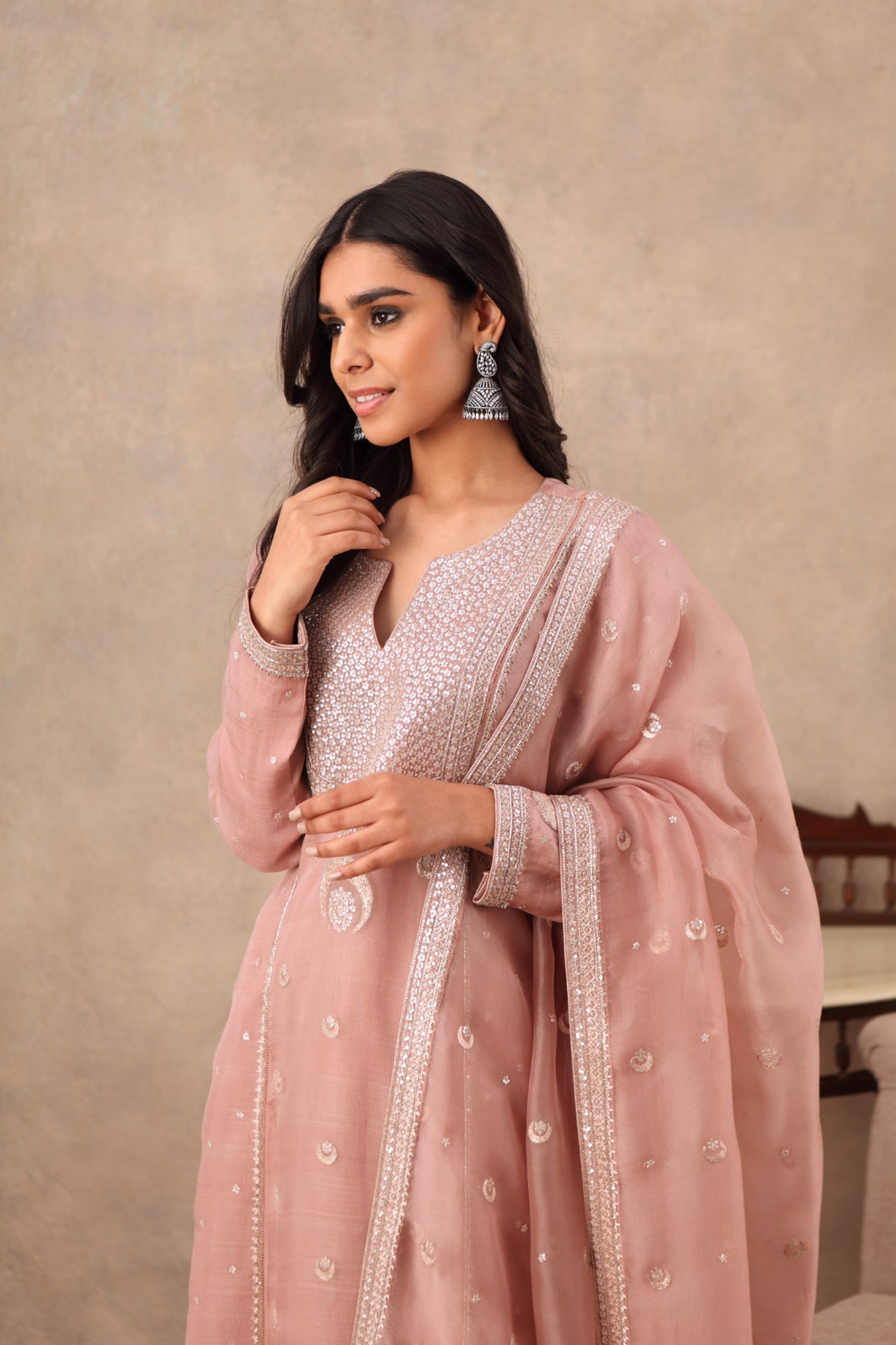 Hand Embroidered Rose Brown Pure Katan Silk Kurta Sharara Set