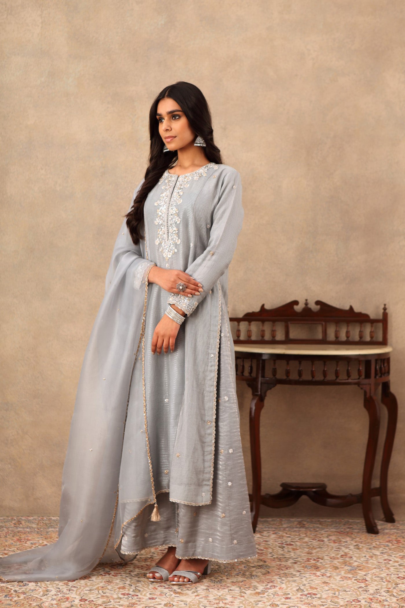 Hand Embroidered Tempest Blue Pure Katan Silk Kurta Pants Set