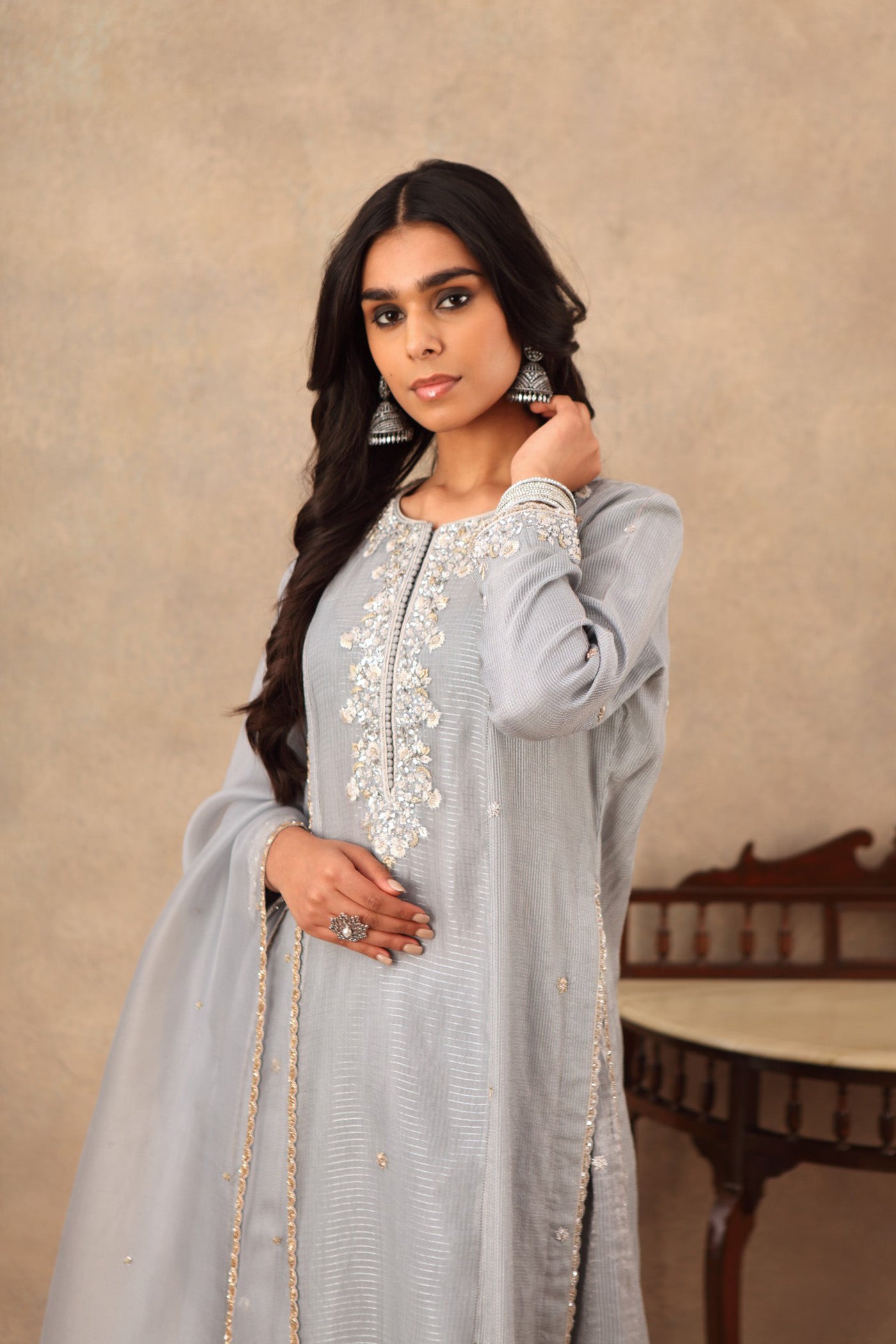 Hand Embroidered Dusty Blue Pure Katan Silk Kurta Palazzo Set