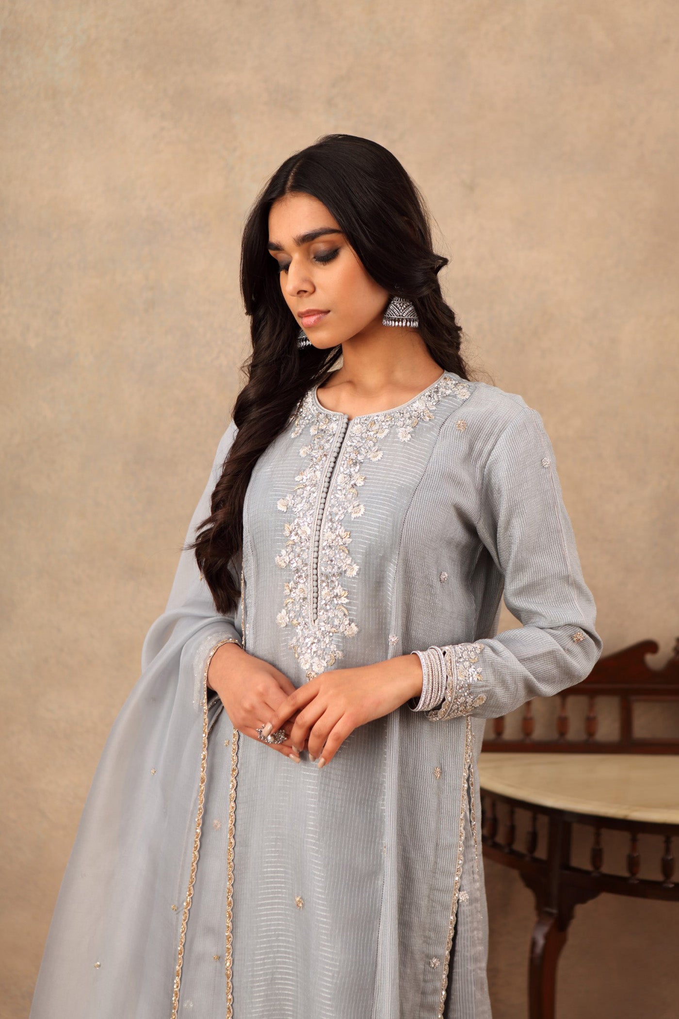 Hand Embroidered Tempest Blue Pure Katan Silk Kurta Pants Set