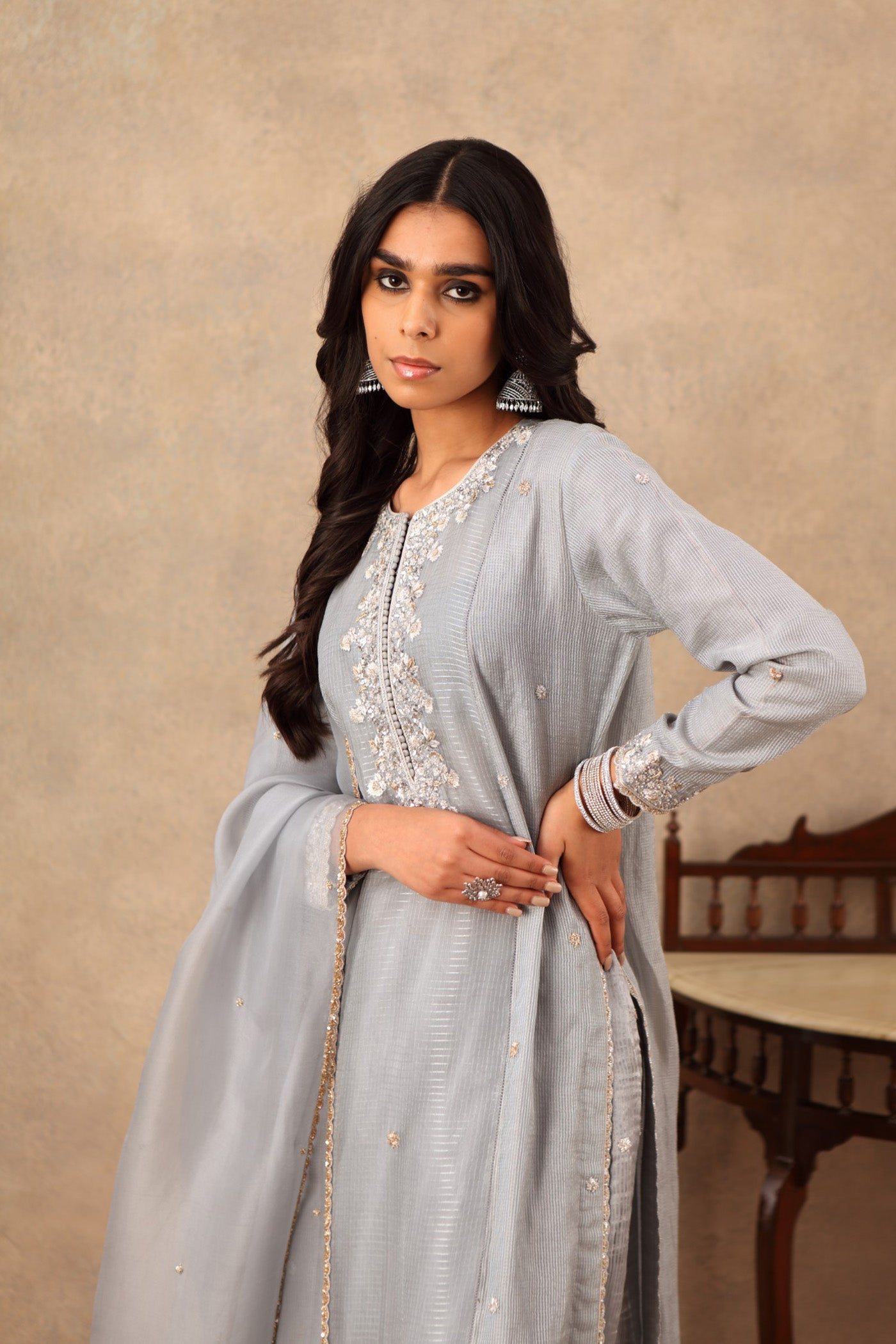 Hand Embroidered Tempest Blue Pure Katan Silk Kurta Pants Set