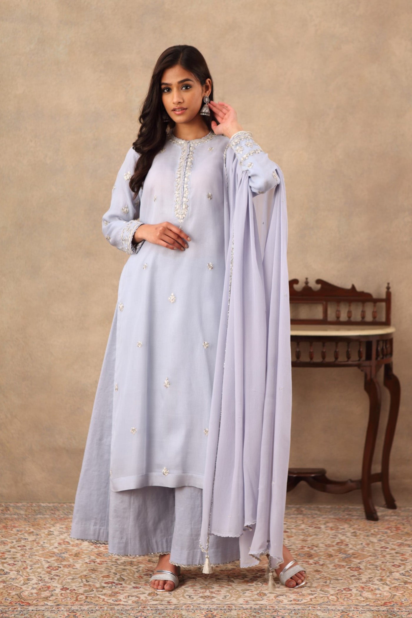 Hand Embroidered Ice Blue Pure Katan Silk Kurta Palazzo Set