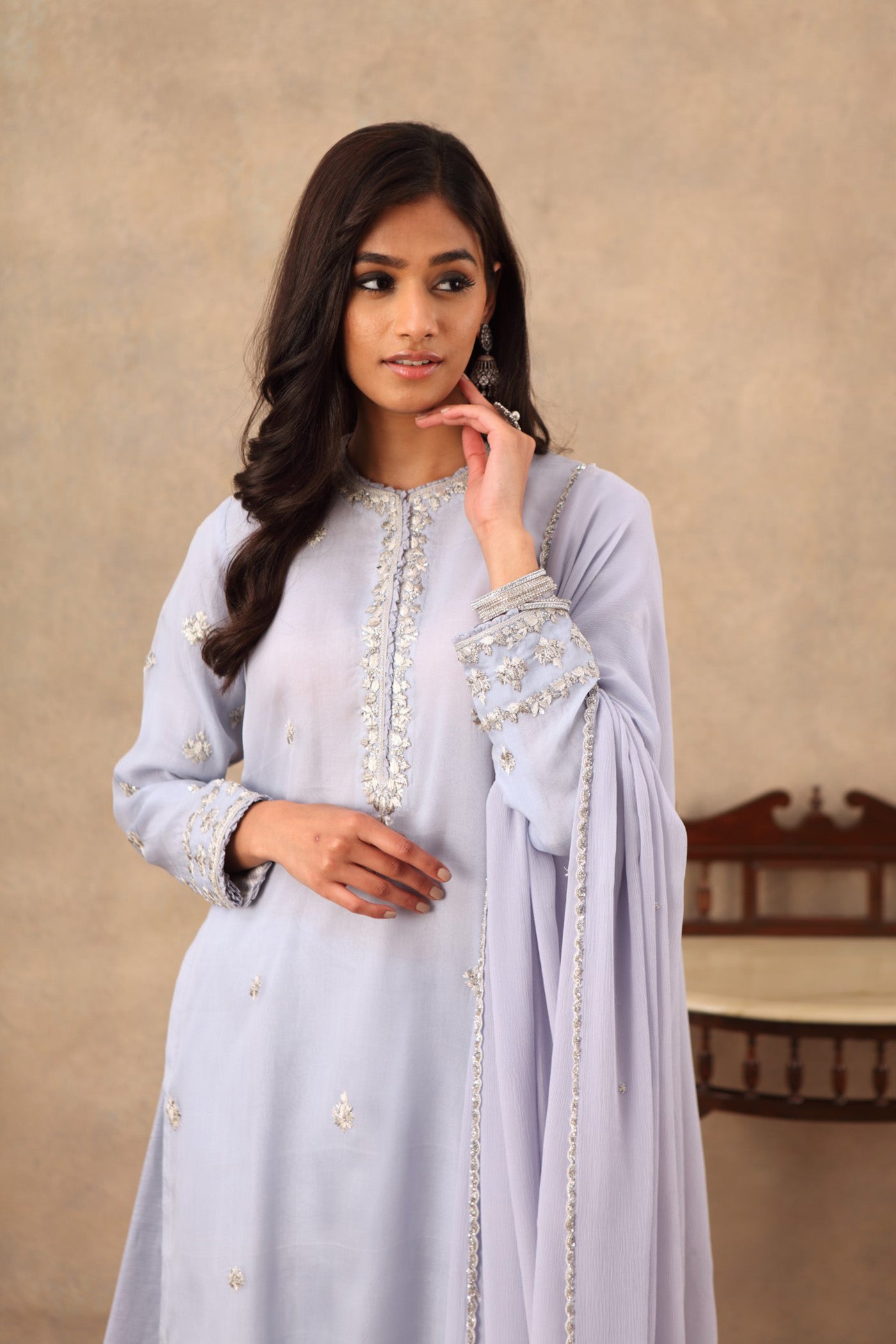 Hand Embroidered Ice Blue Pure Katan Silk Kurta Palazzo Set