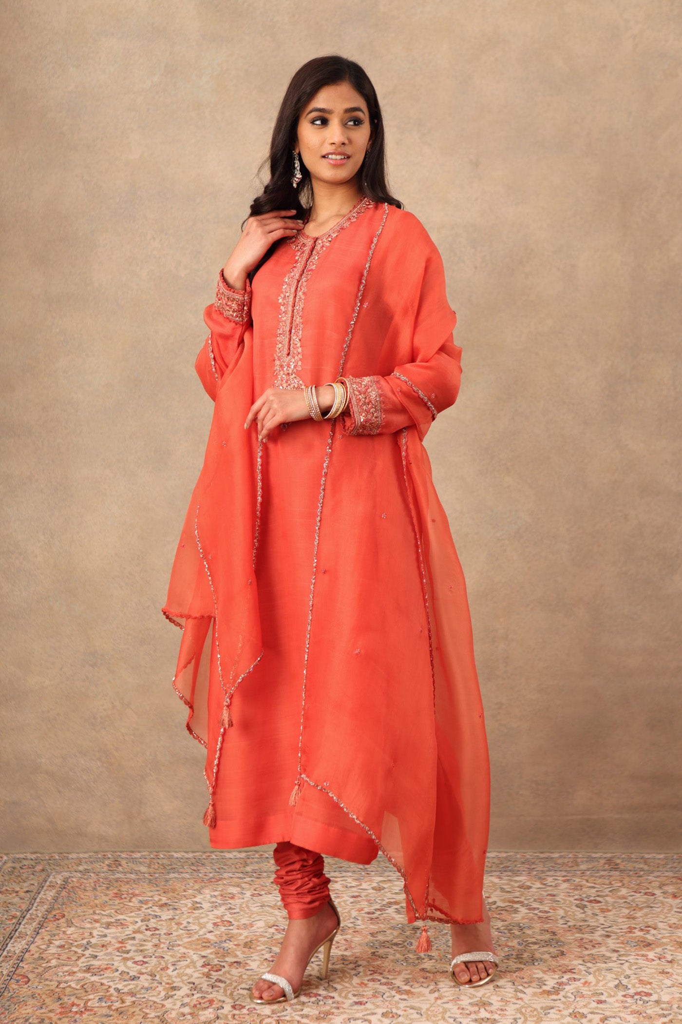 Hand Embroidered Ember Glow (Dusty Peach) Pure Katan Silk Kurta Churidaar Set