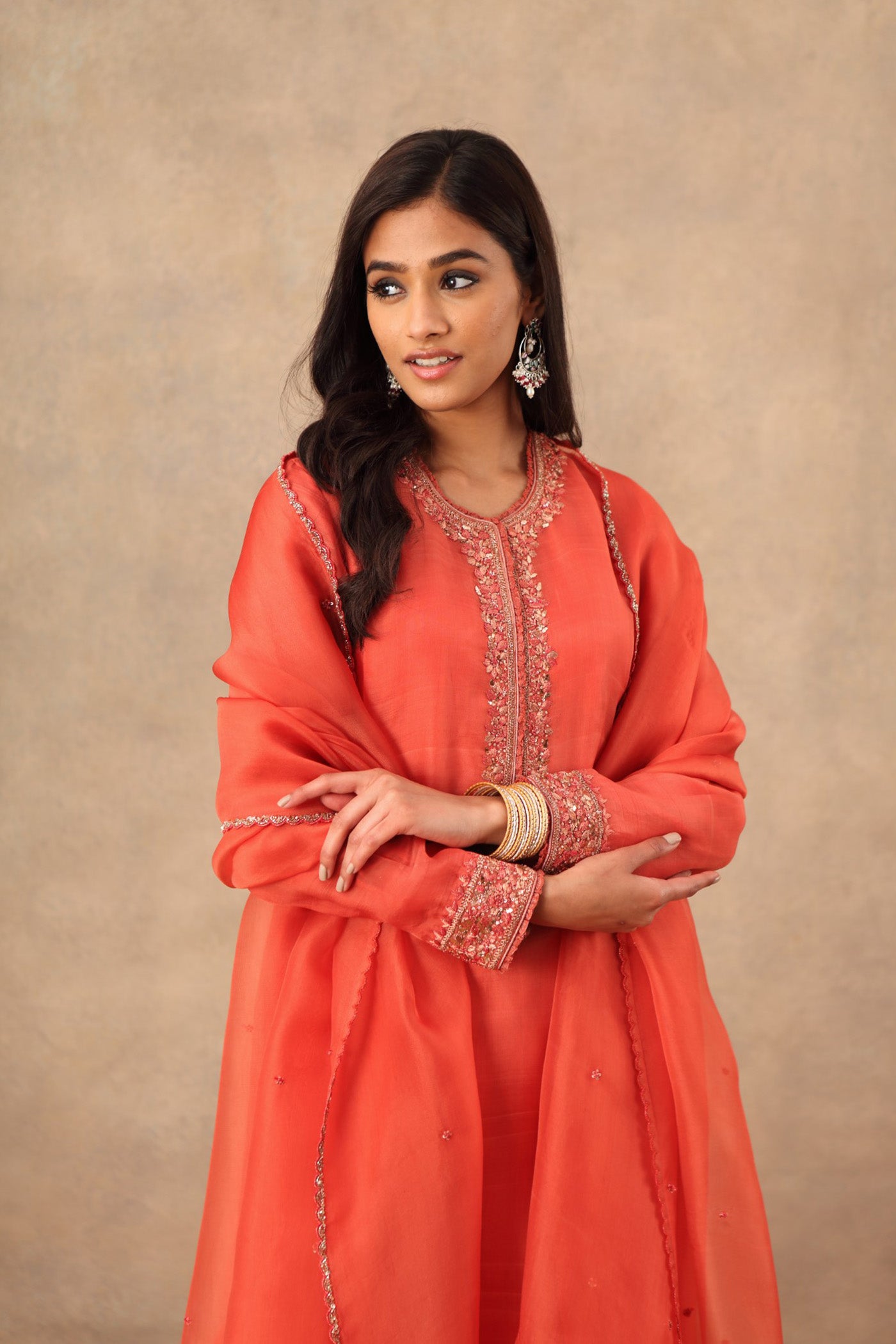 Hand Embroidered Ember Glow (Dusty Peach) Pure Katan Silk Kurta Churidaar Set