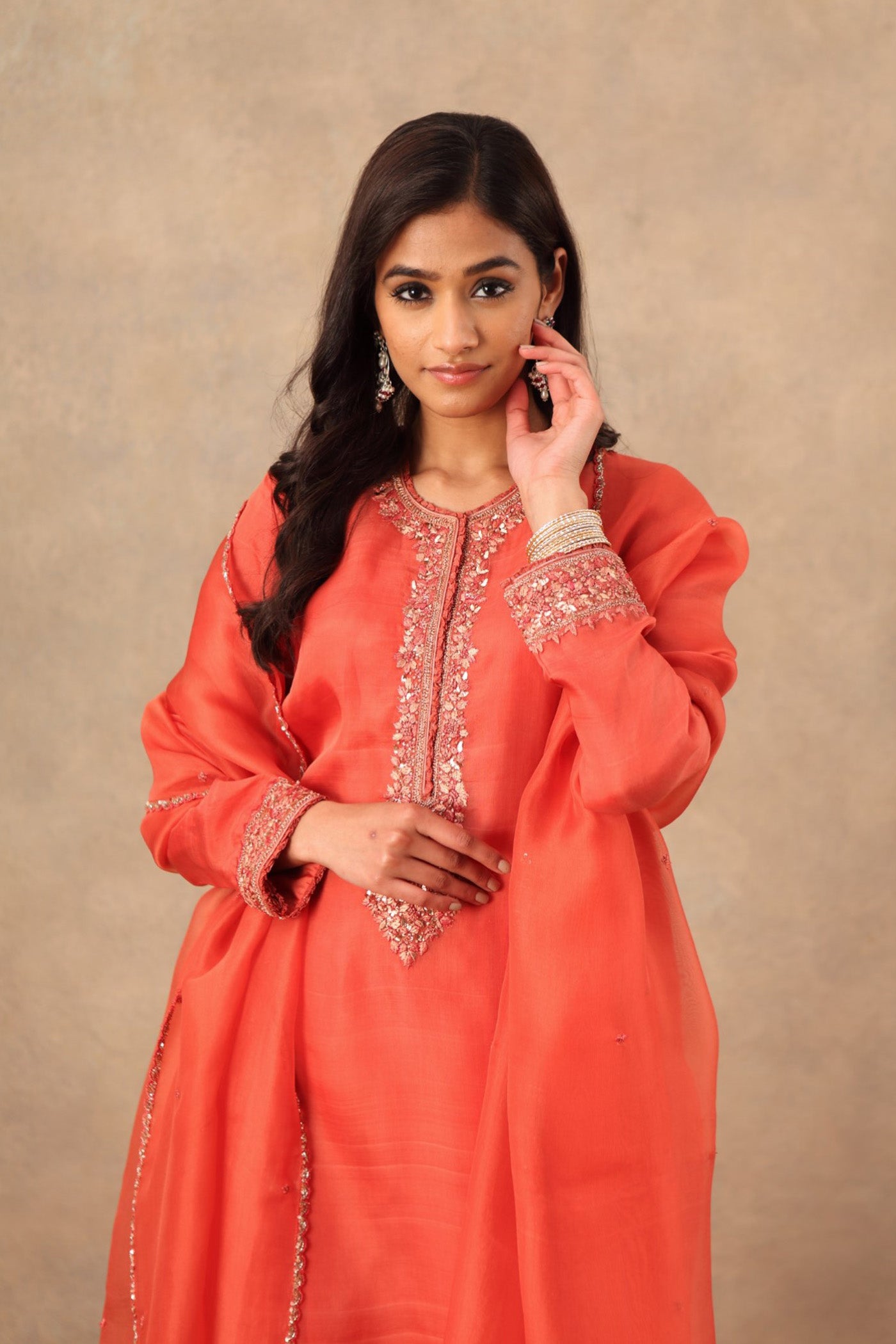 Hand Embroidered Ember Glow (Dusty Peach) Pure Katan Silk Kurta Churidaar Set