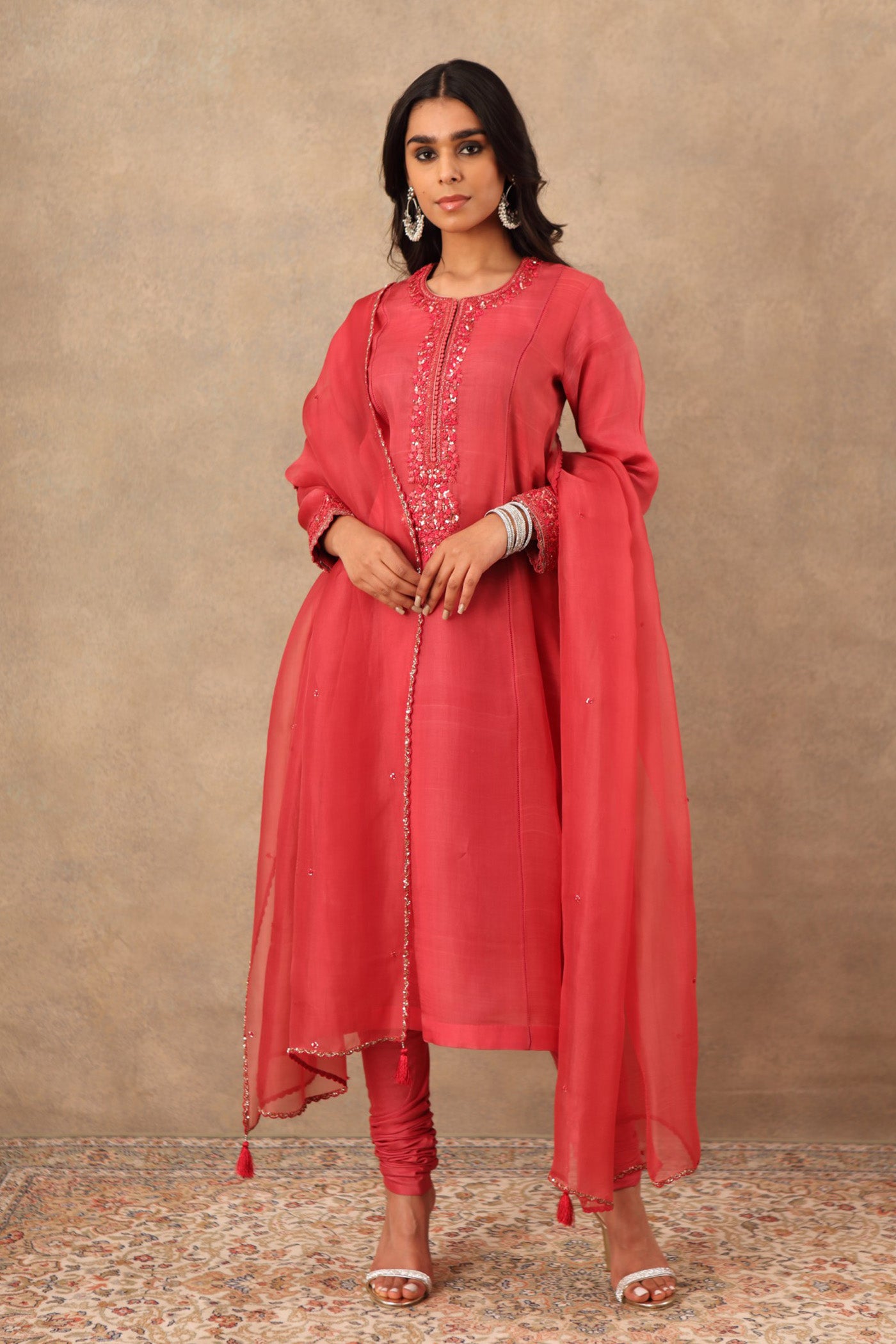 Hand Embroidered Carmine Pink Pure Katan Silk Kurta Churidaar Set