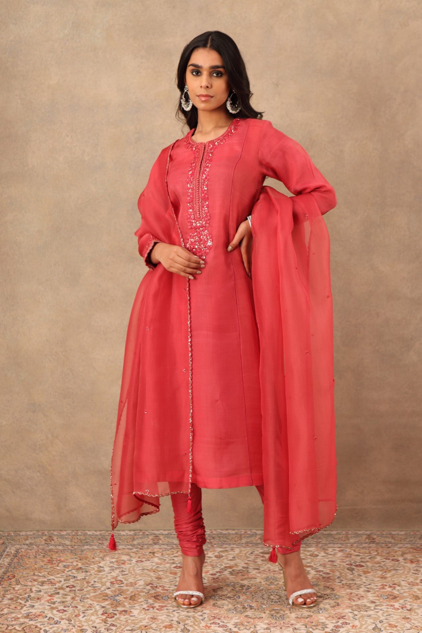 Hand Embroidered Carmine Pink Pure Katan Silk Kurta Churidaar Set