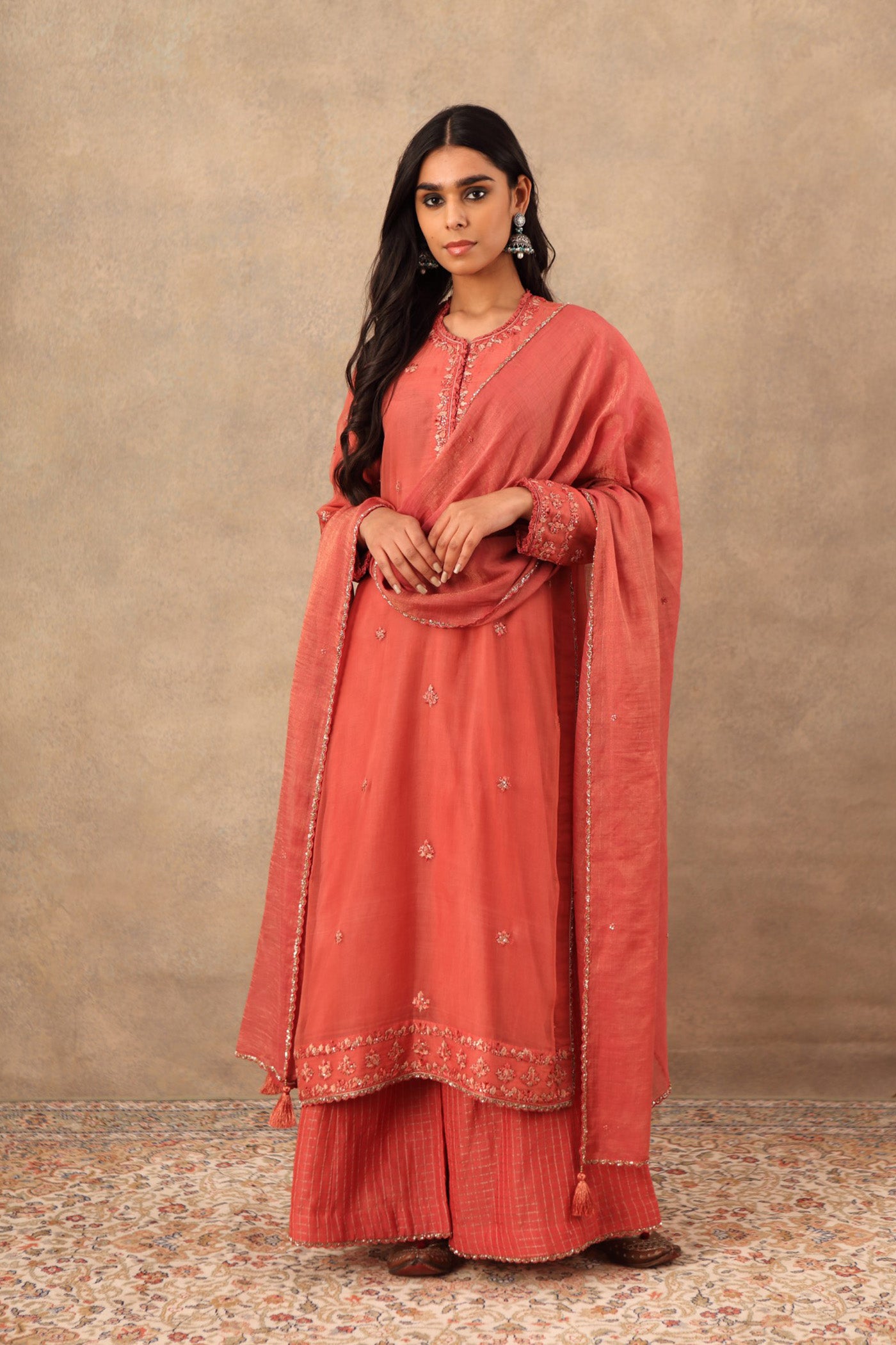 Hand Embroidered Faded Rose Pure Katan Silk Kurta Palazzo Set