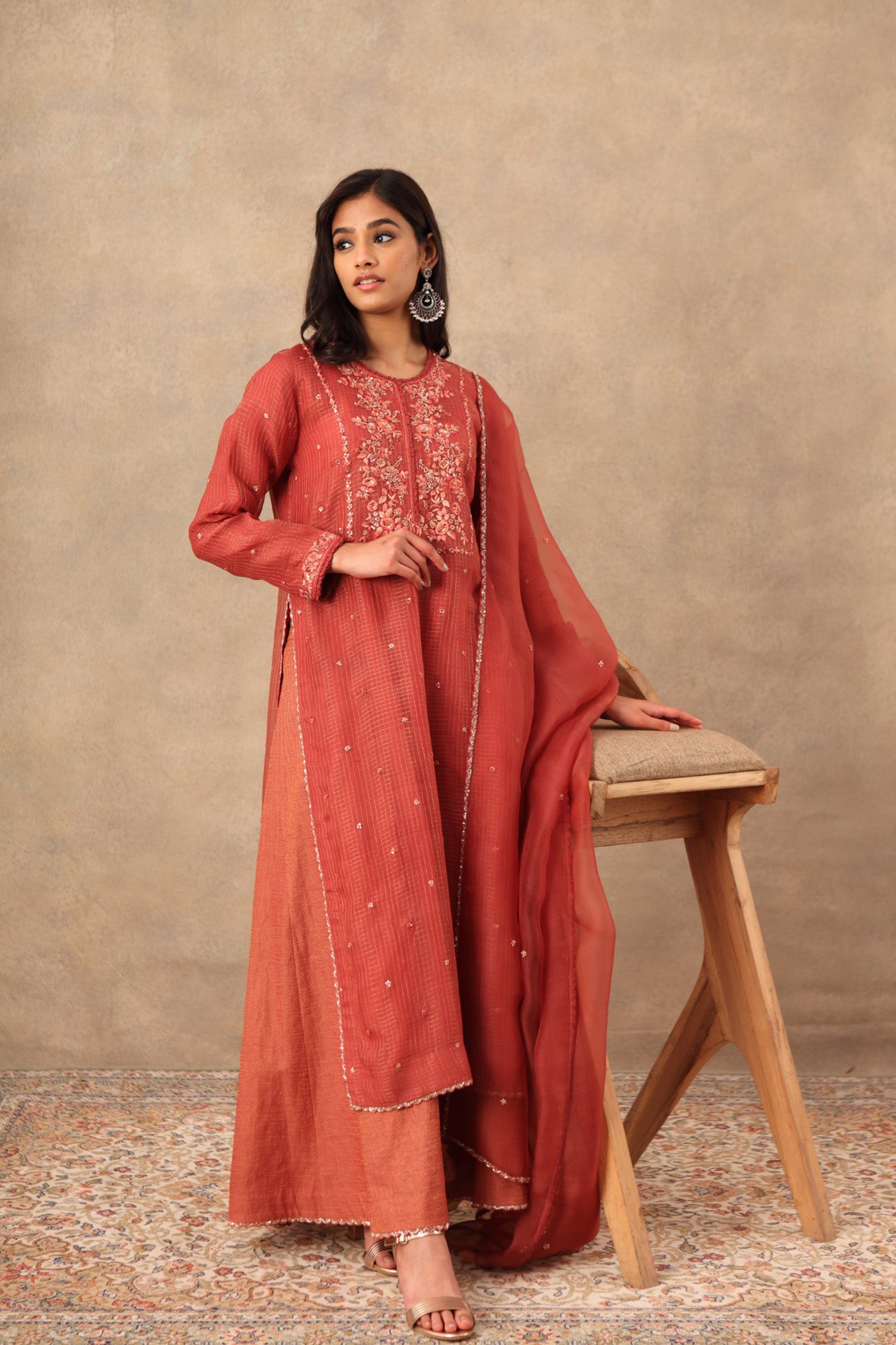 Hand Embroidered Cinnabar Red Pure Katan Silk Kurta Palazzo Set