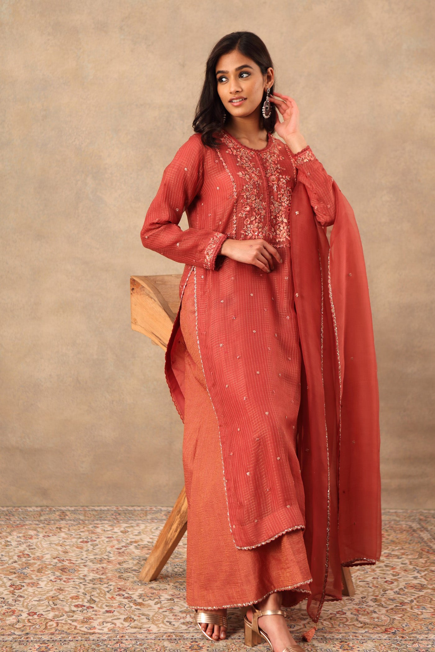 Hand Embroidered Cinnabar Red Pure Katan Silk Kurta Palazzo Set