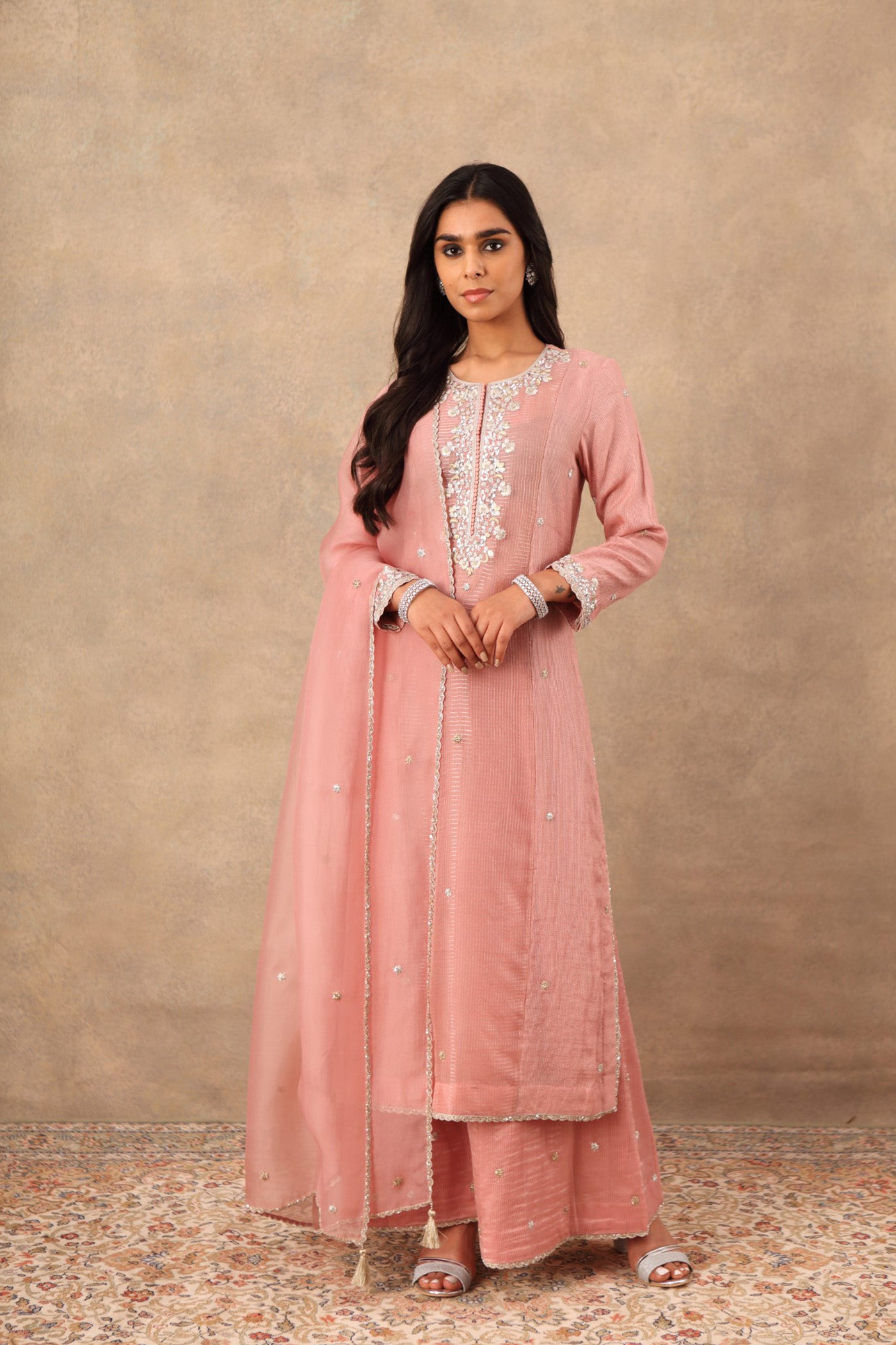 Hand Embroidered Dusty Pink Pure Katan Silk Kurta Palazzo Set