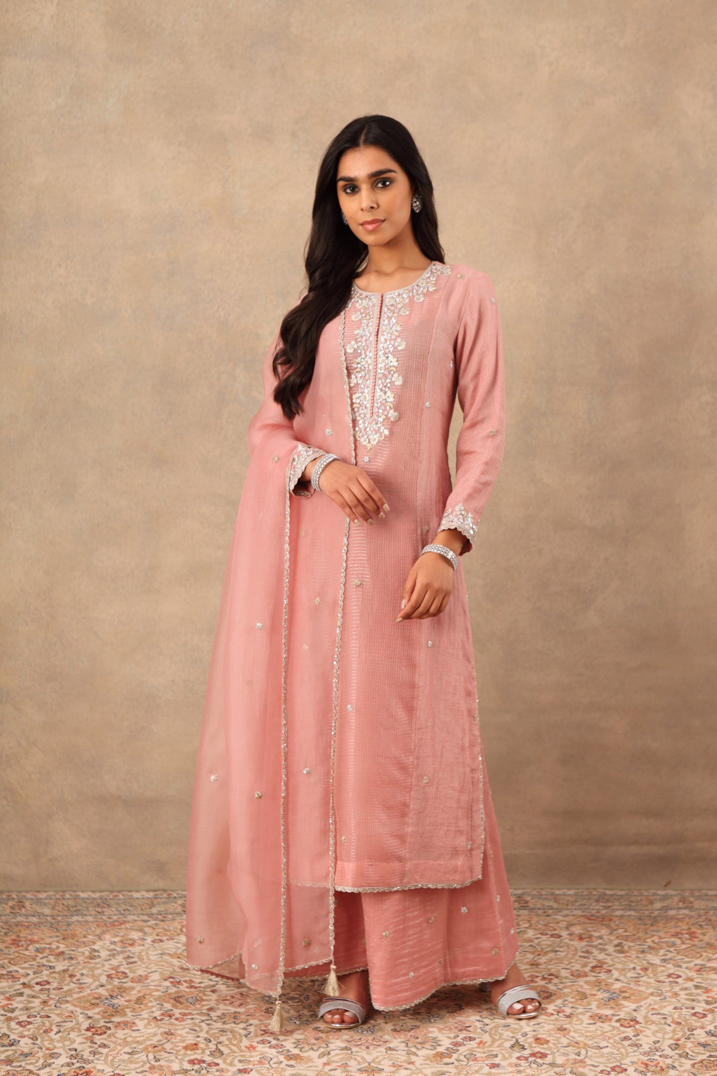 Hand Embroidered Dusty Pink Pure Katan Silk Kurta Palazzo Set