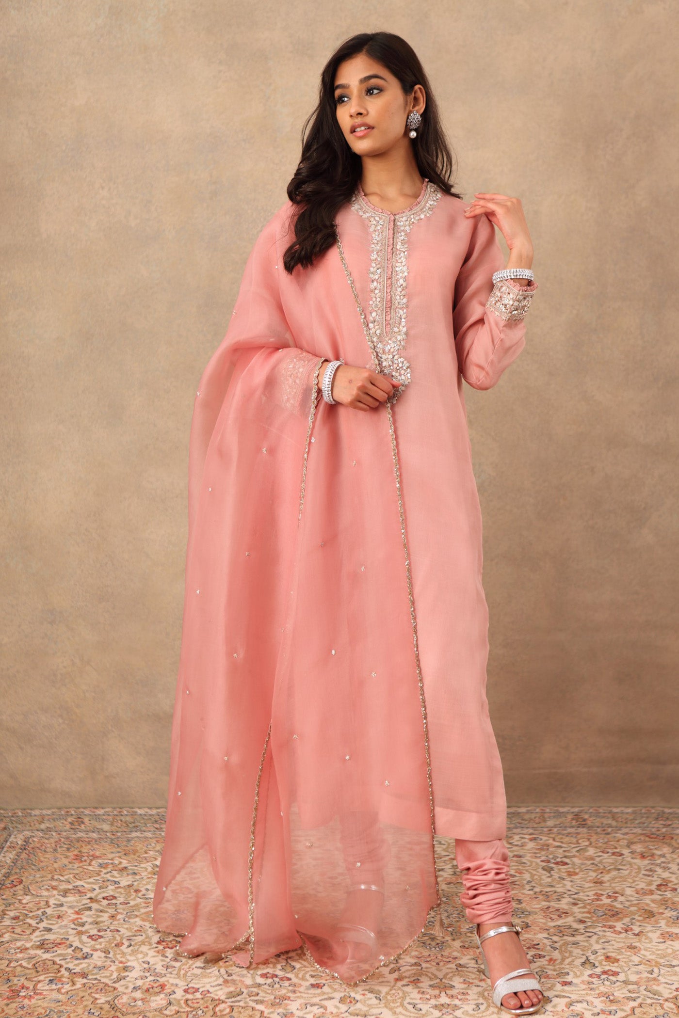 Hand Embroidered Ember Blush Pink Pure Katan Silk Kurta Churidaar Set