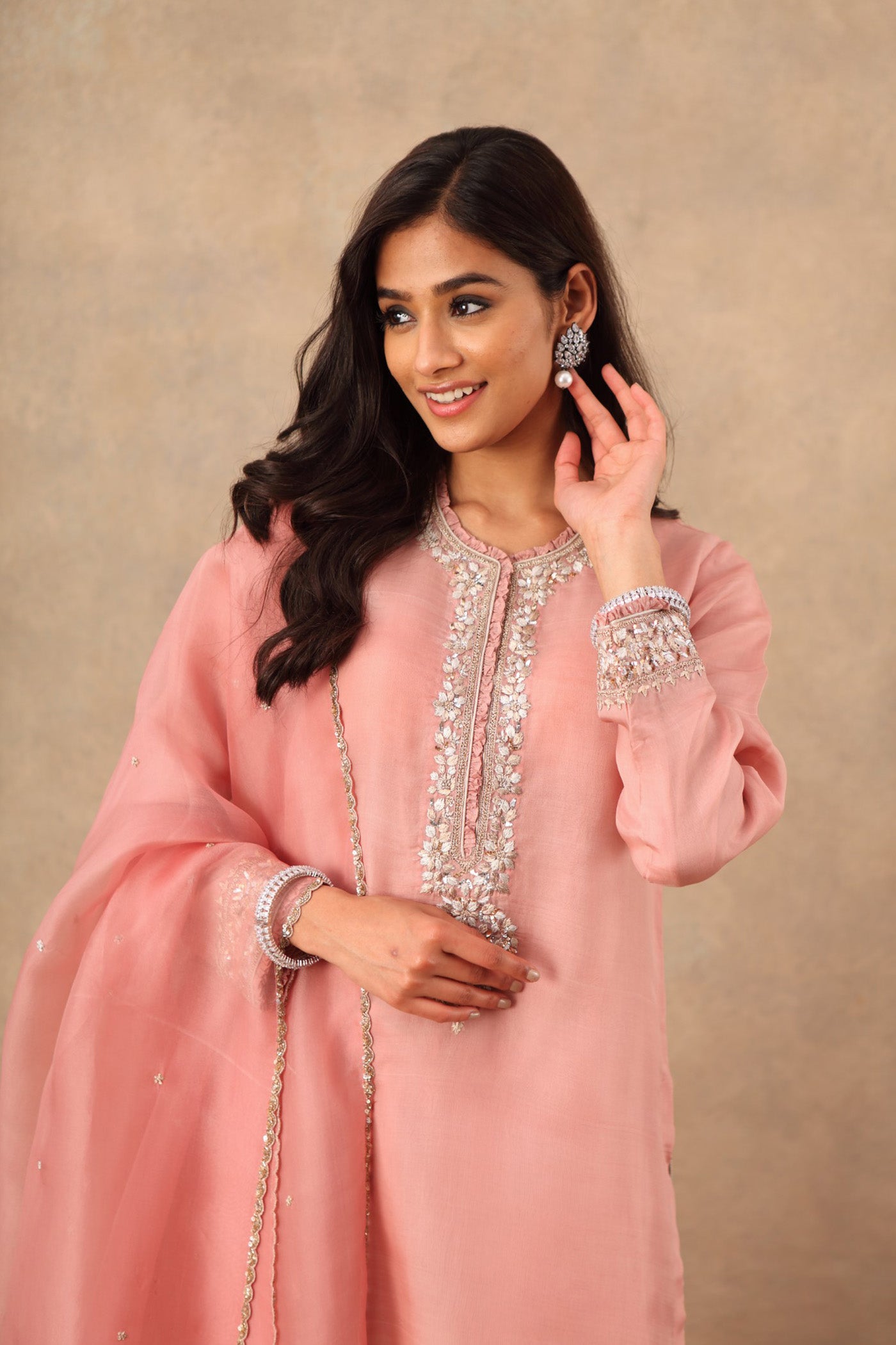Hand Embroidered Ember Blush Pink Pure Katan Silk Kurta Churidaar Set