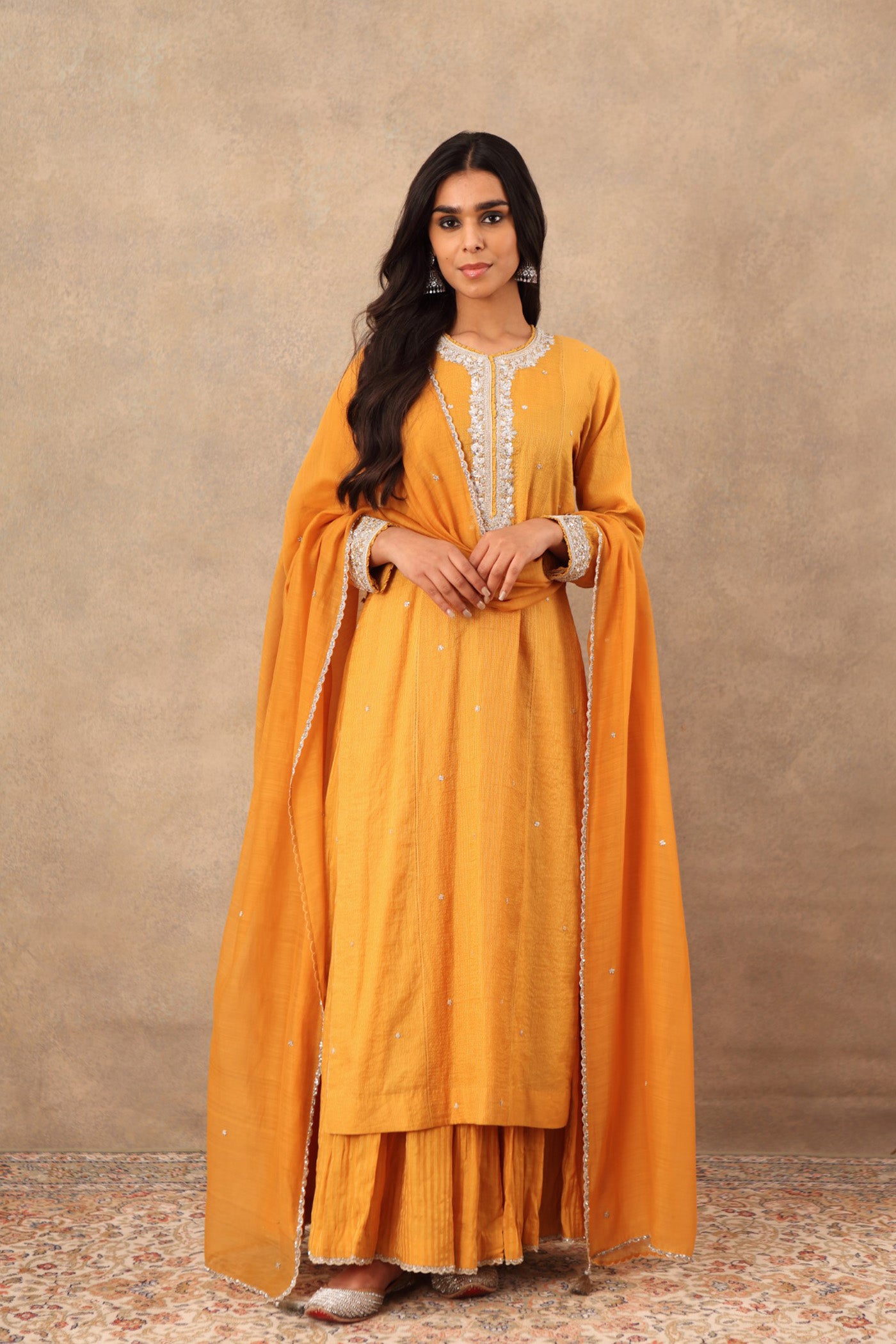 Hand Embroidered Turmeric Yellow Pure Cotton Silk Kurta Sharara Set