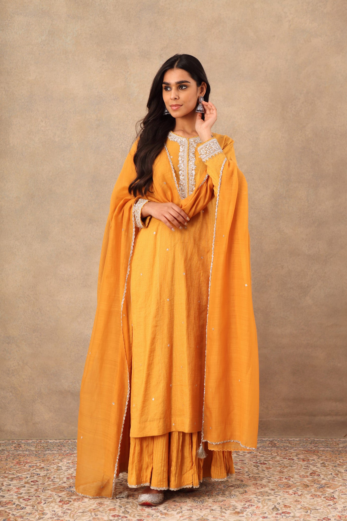 Hand Embroidered Turmeric Yellow Pure Cotton Silk Kurta Sharara Set