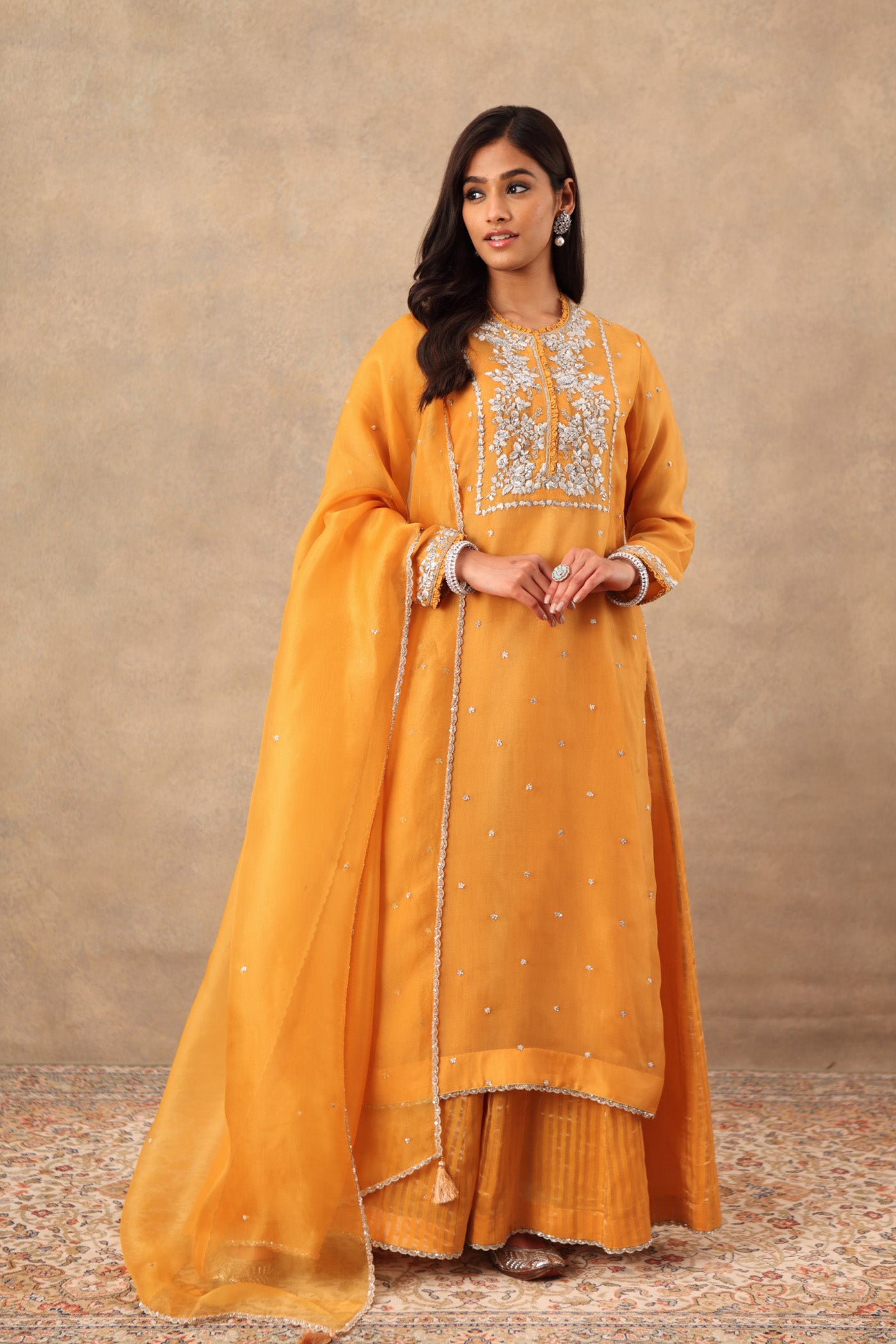 Hand Embroidered Mango Yellow Pure Silk Organza Kurta Sharara Set