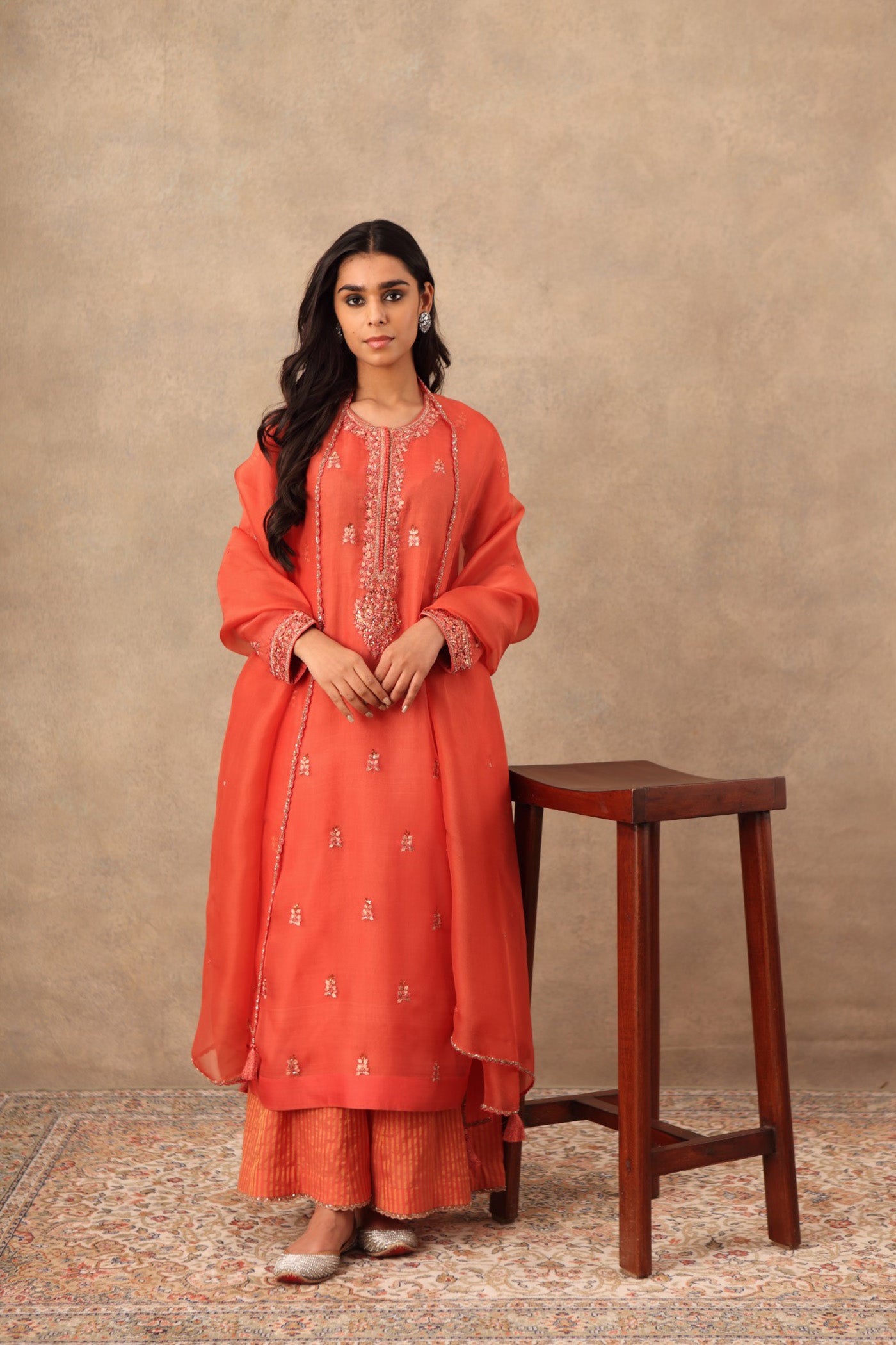 Hand Embroidered Rust Orange Pure Katan Silk Kurta Palazzo Set