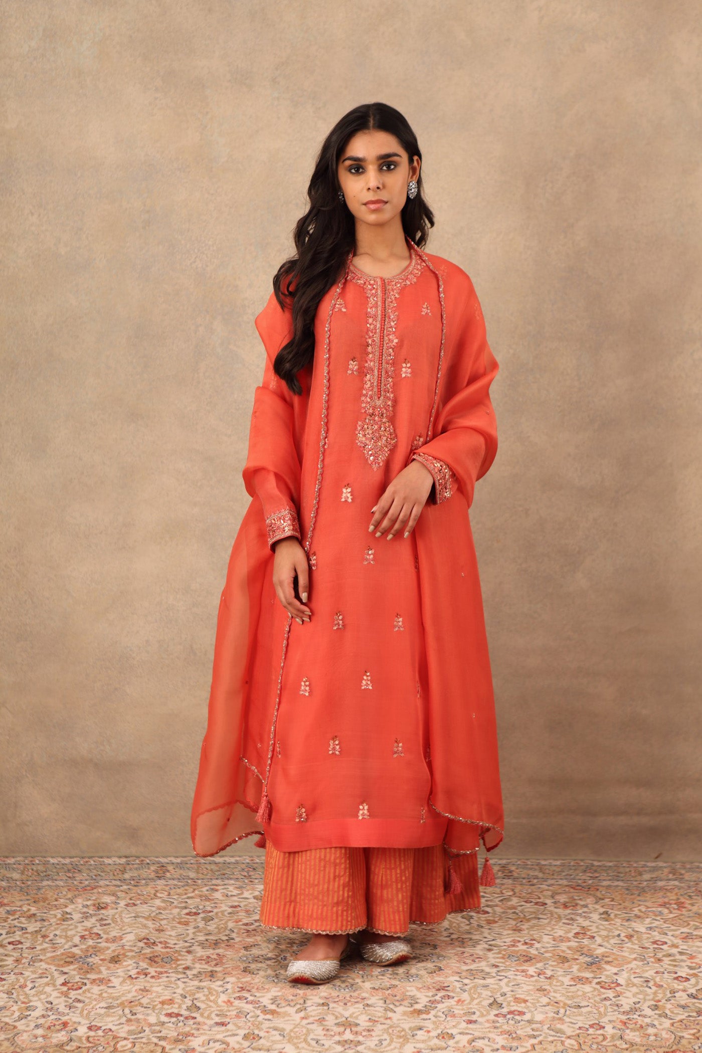 Hand Embroidered Rust Orange Pure Katan Silk Kurta Palazzo Set