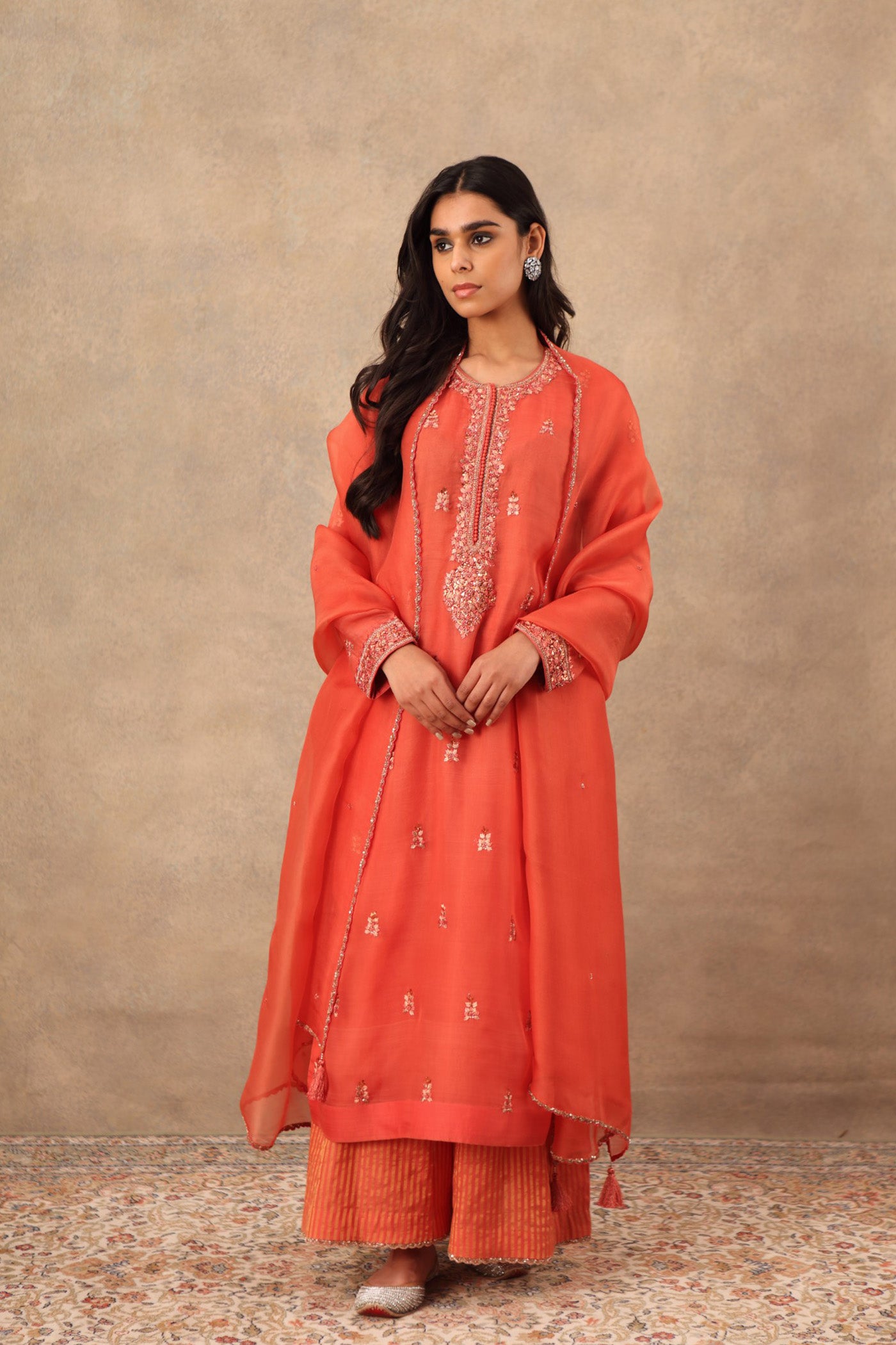 Hand Embroidered Rust Orange Pure Katan Silk Kurta Palazzo Set