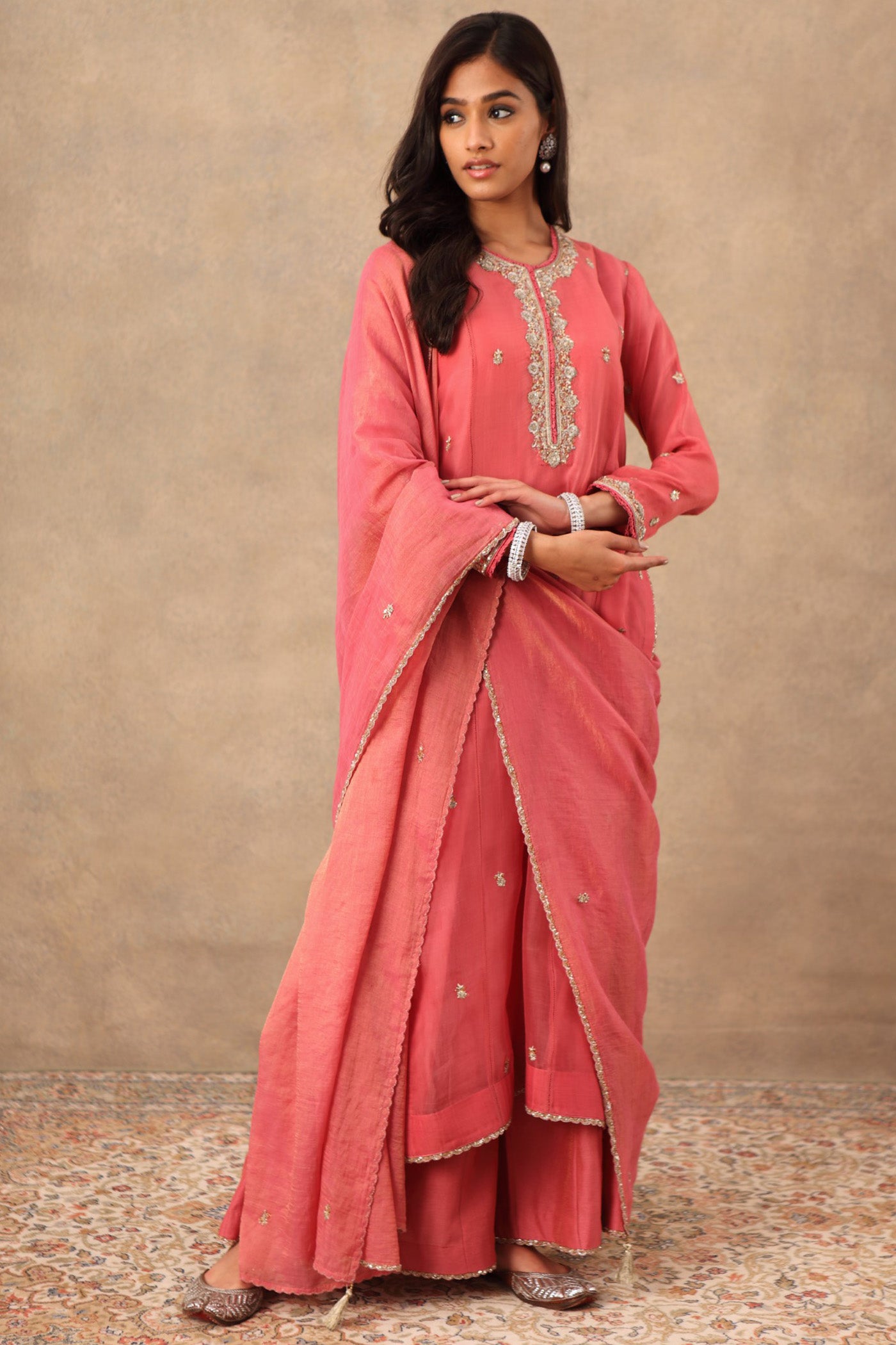 Hand Embroidered Tea Rose Pure Katan Silk Kurta Palazzo Set