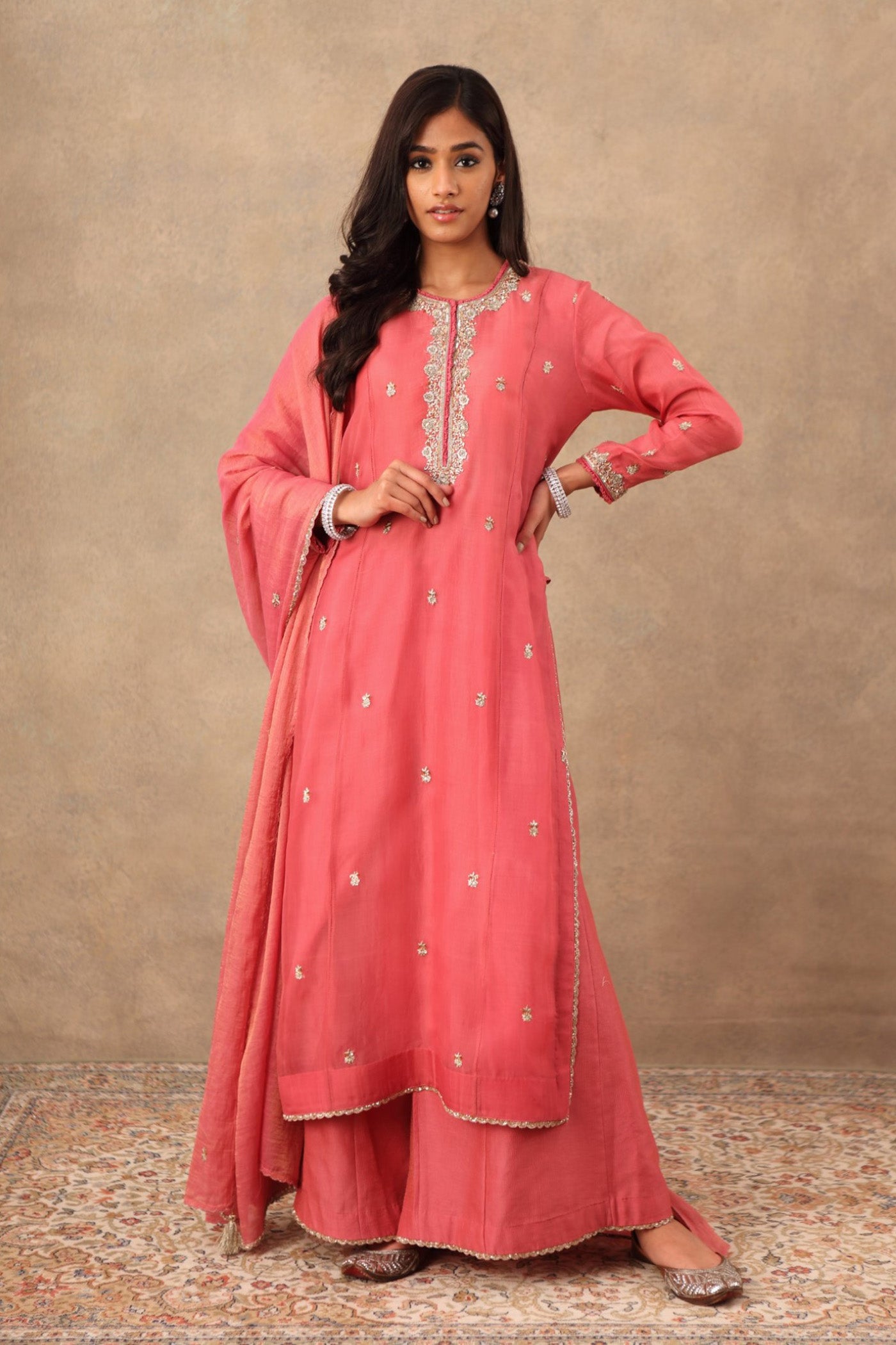 Hand Embroidered Tea Rose Pure Katan Silk Kurta Palazzo Set