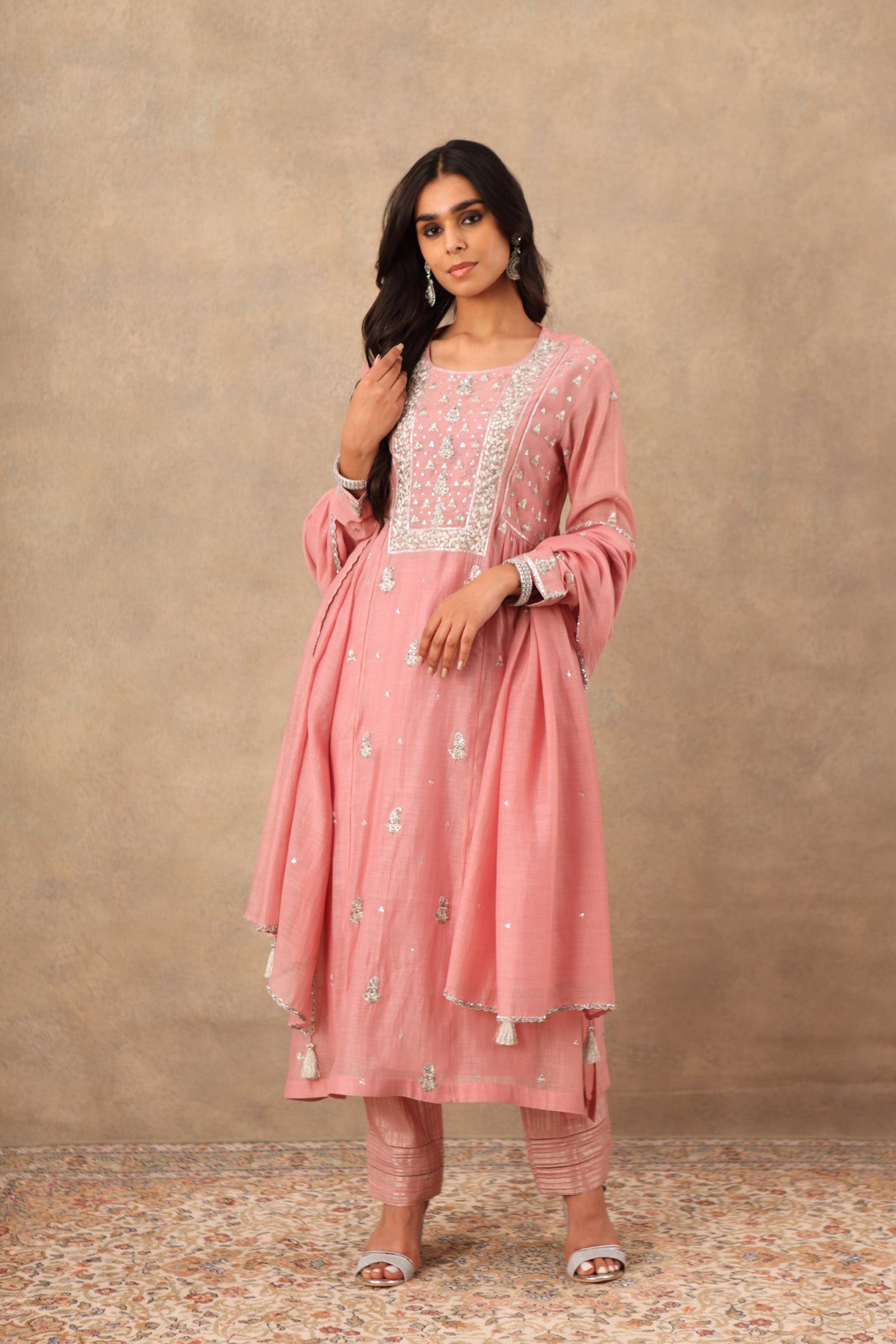 Hand Embroidered Lavender Pink Pure Cotton Silk Kurta Pants Set