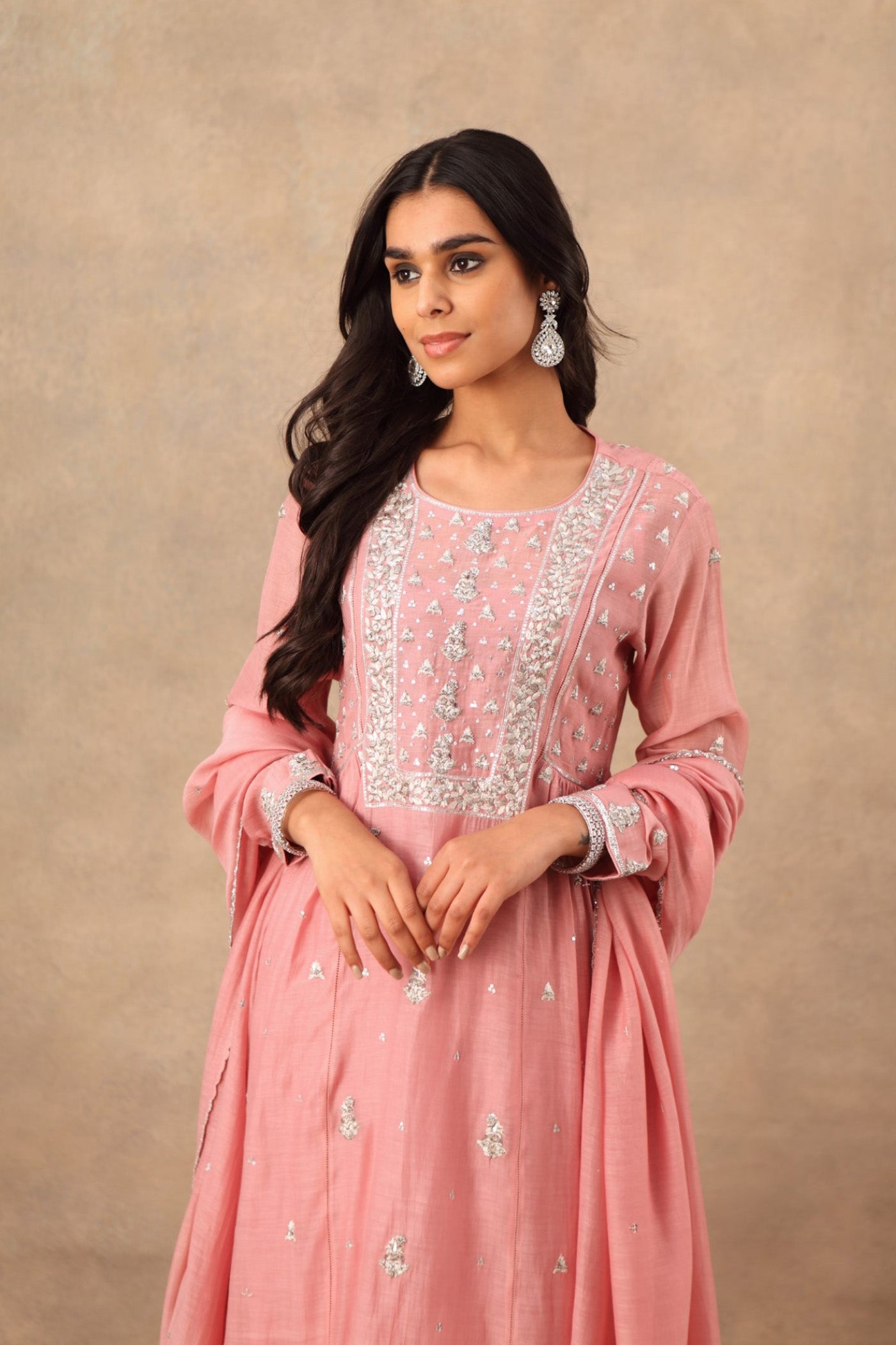 Hand Embroidered Lavender Pink Pure Cotton Silk Kurta Pants Set