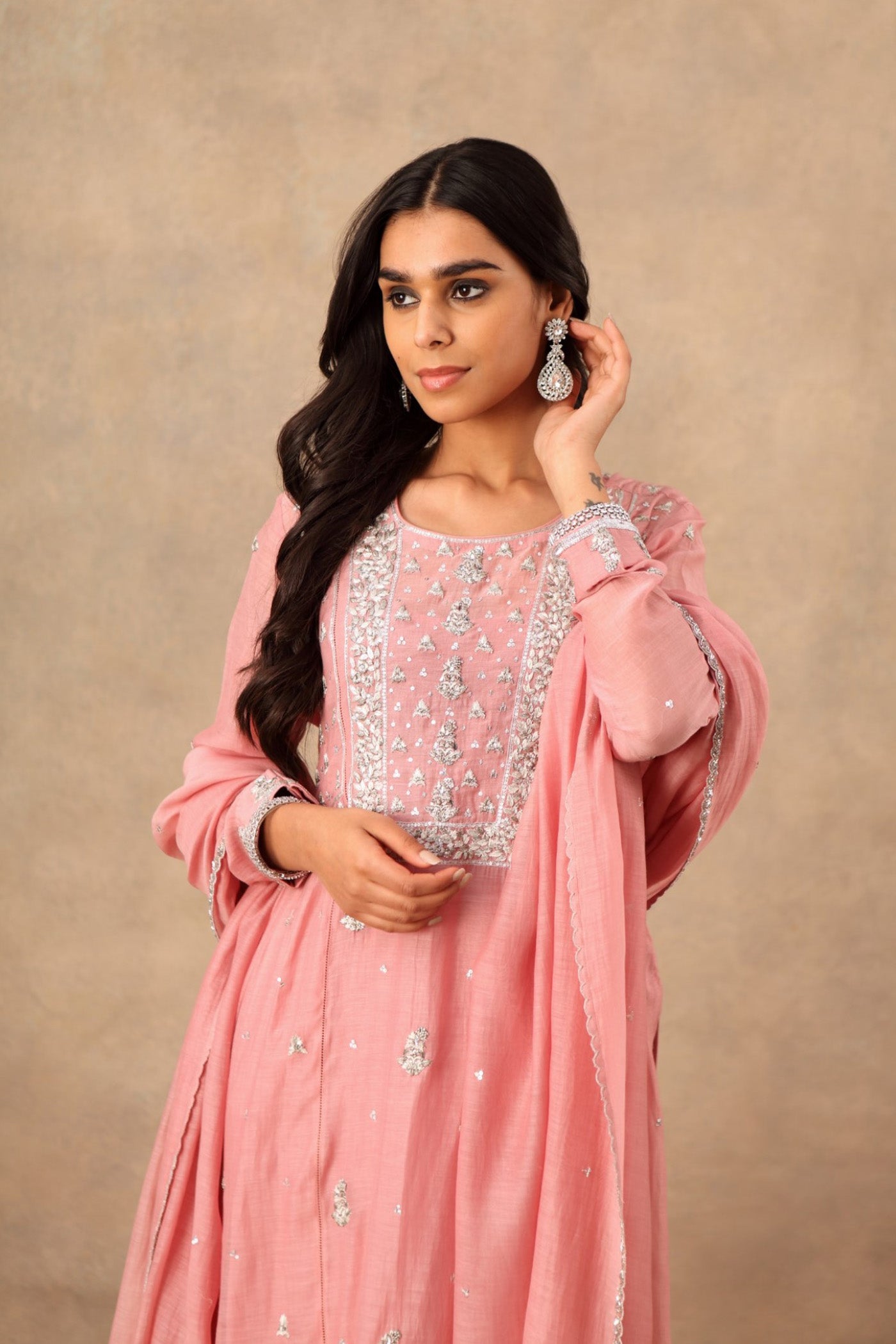 Hand Embroidered Lavender Pink Pure Cotton Silk Kurta Pants Set