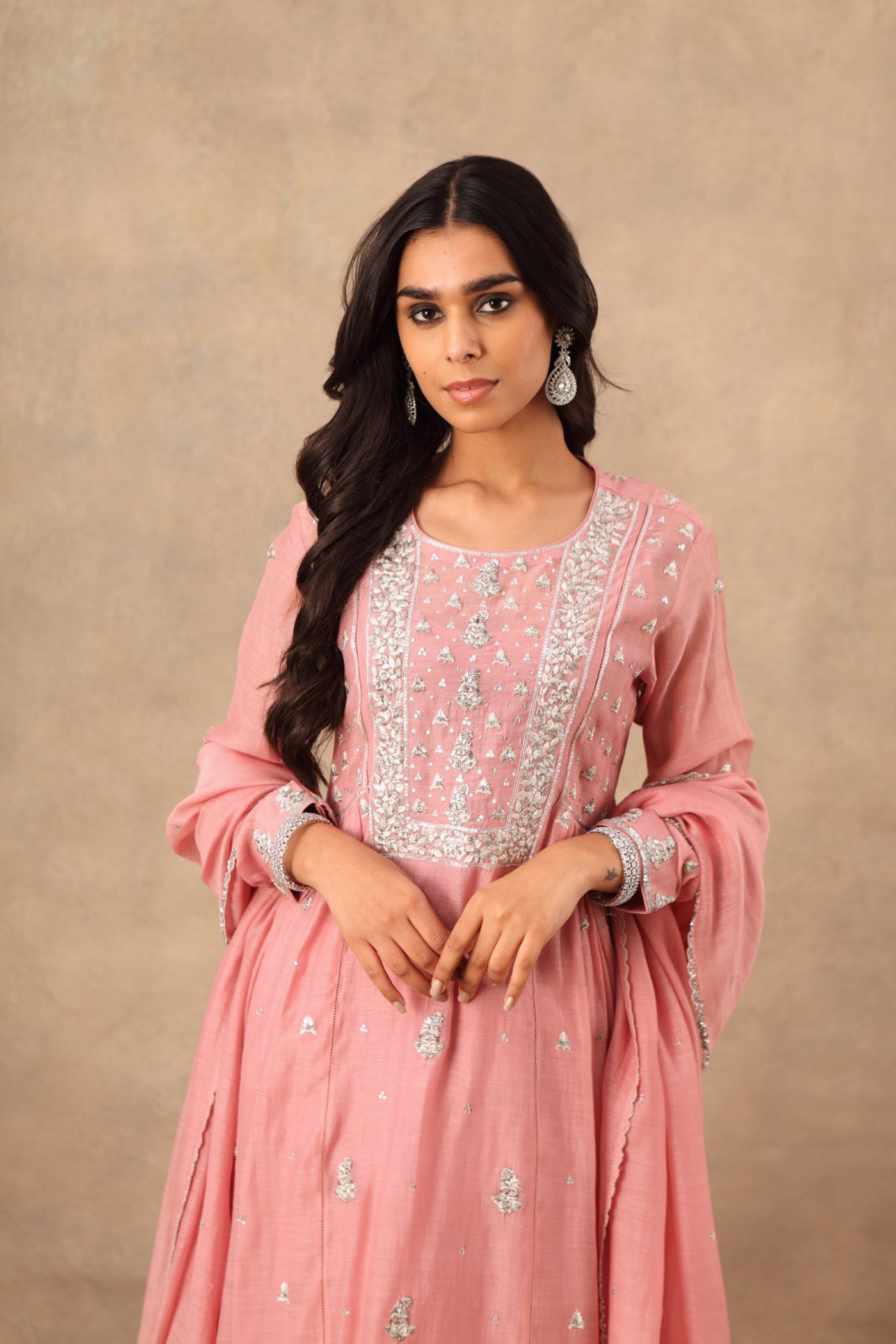 Hand Embroidered Lavender Pink Pure Cotton Silk Kurta Pants Set