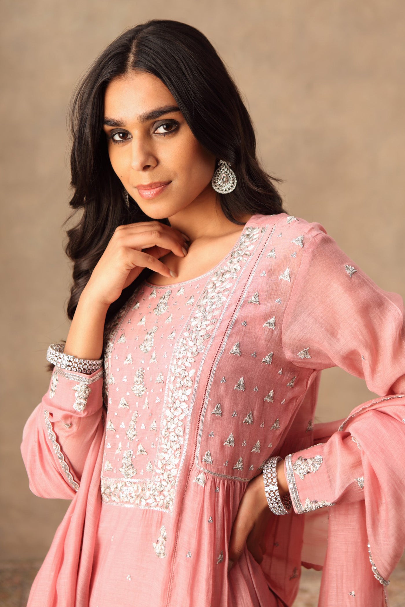 Hand Embroidered Lavender Pink Pure Cotton Silk Kurta Pants Set