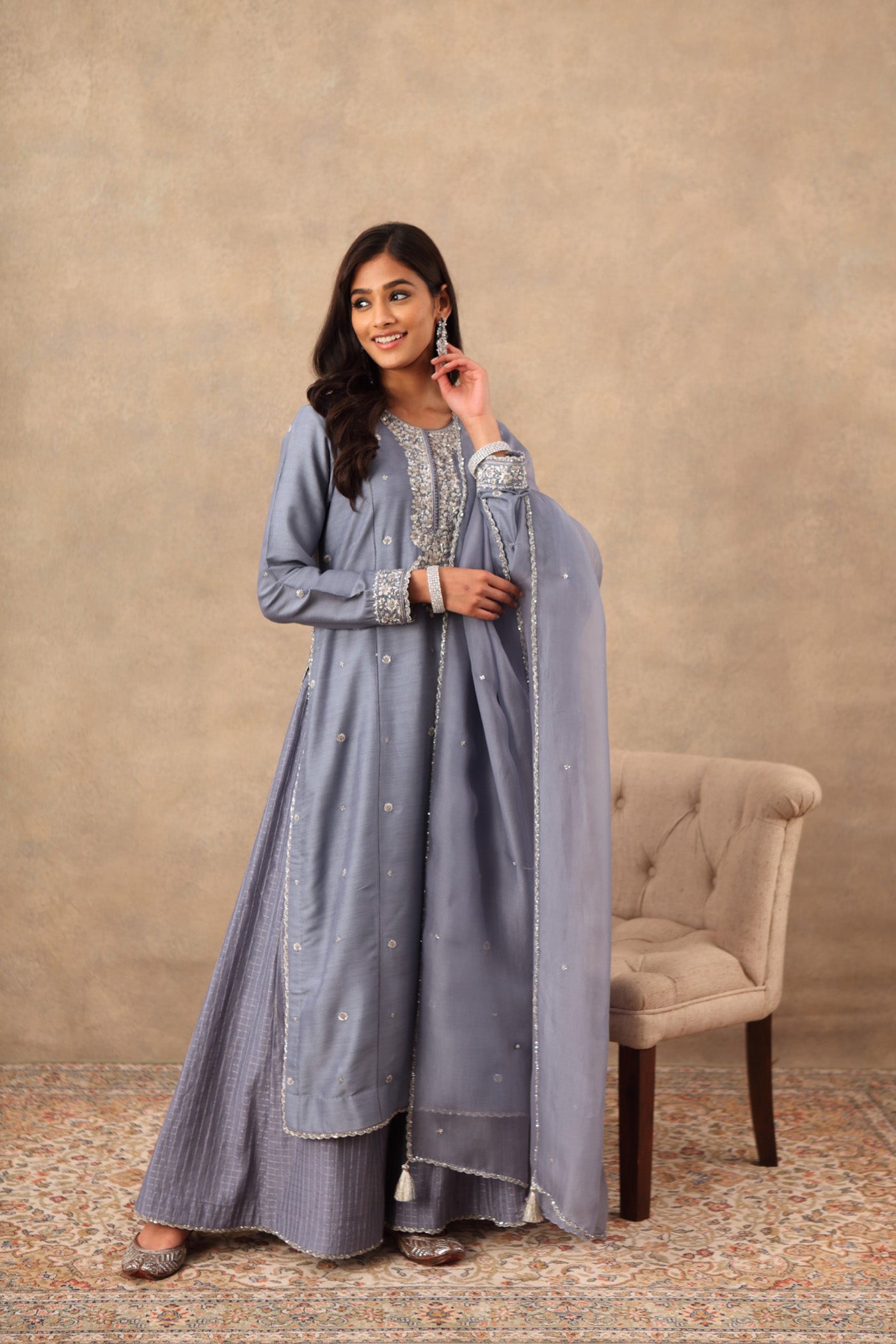 Hand Embroidered Tempest Blue Pure Muga Silk Kurta Palazzo Set