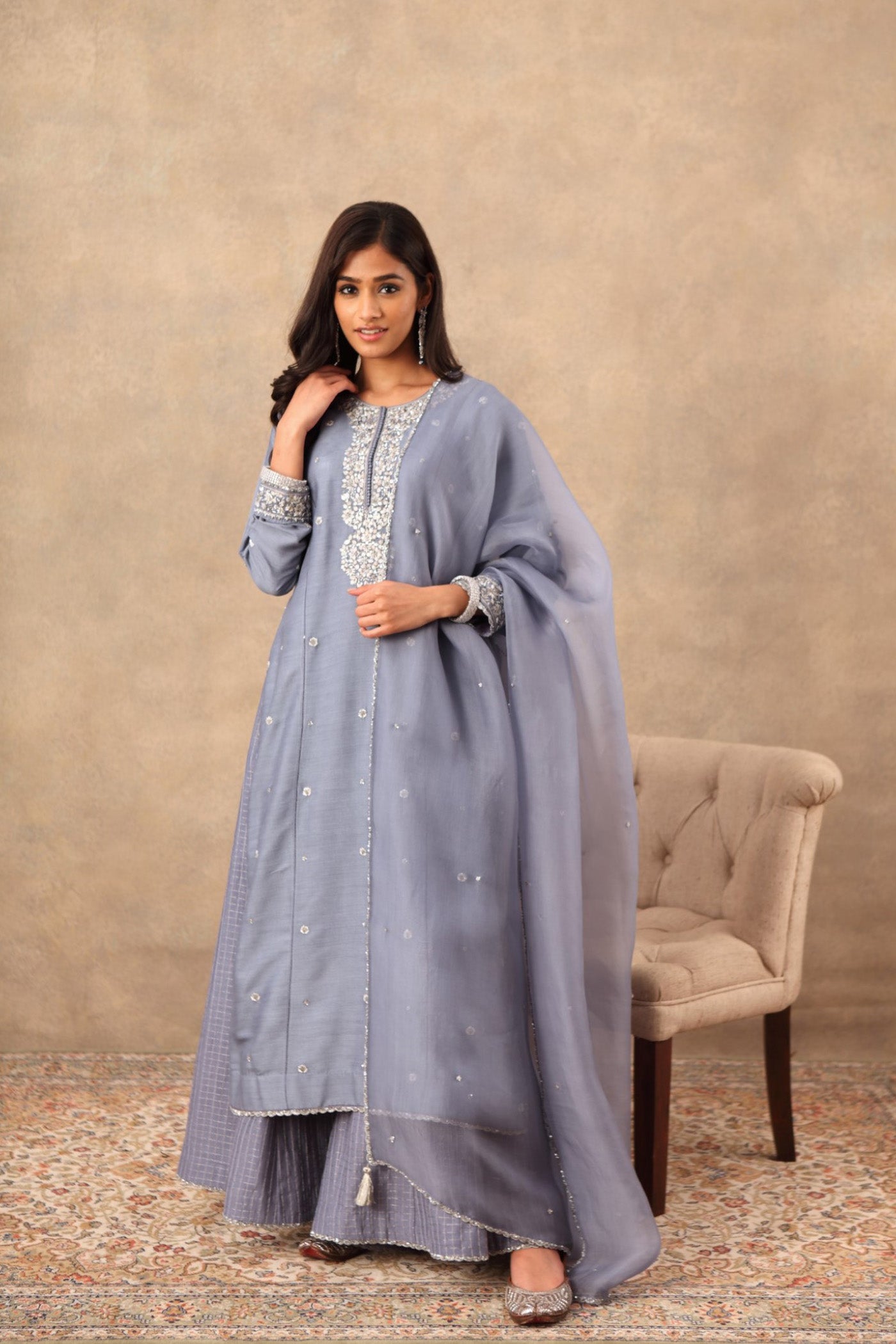 Hand Embroidered Tempest Blue Pure Muga Silk Kurta Palazzo Set