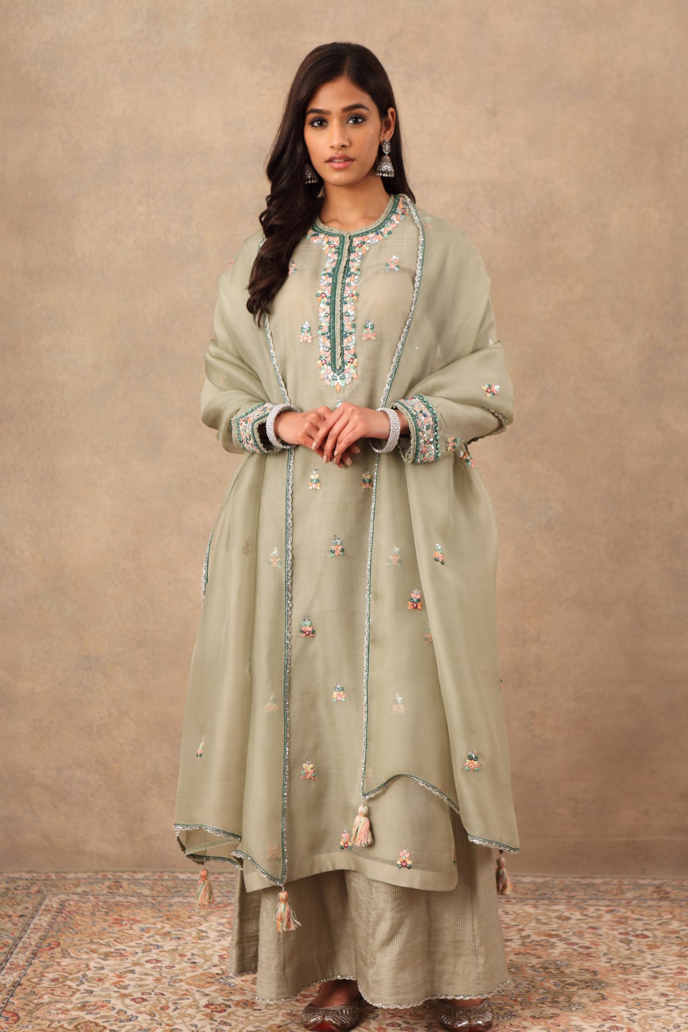 Hand Embroidered Fern Green Pure Katan Silk Kurta Palazzo Set