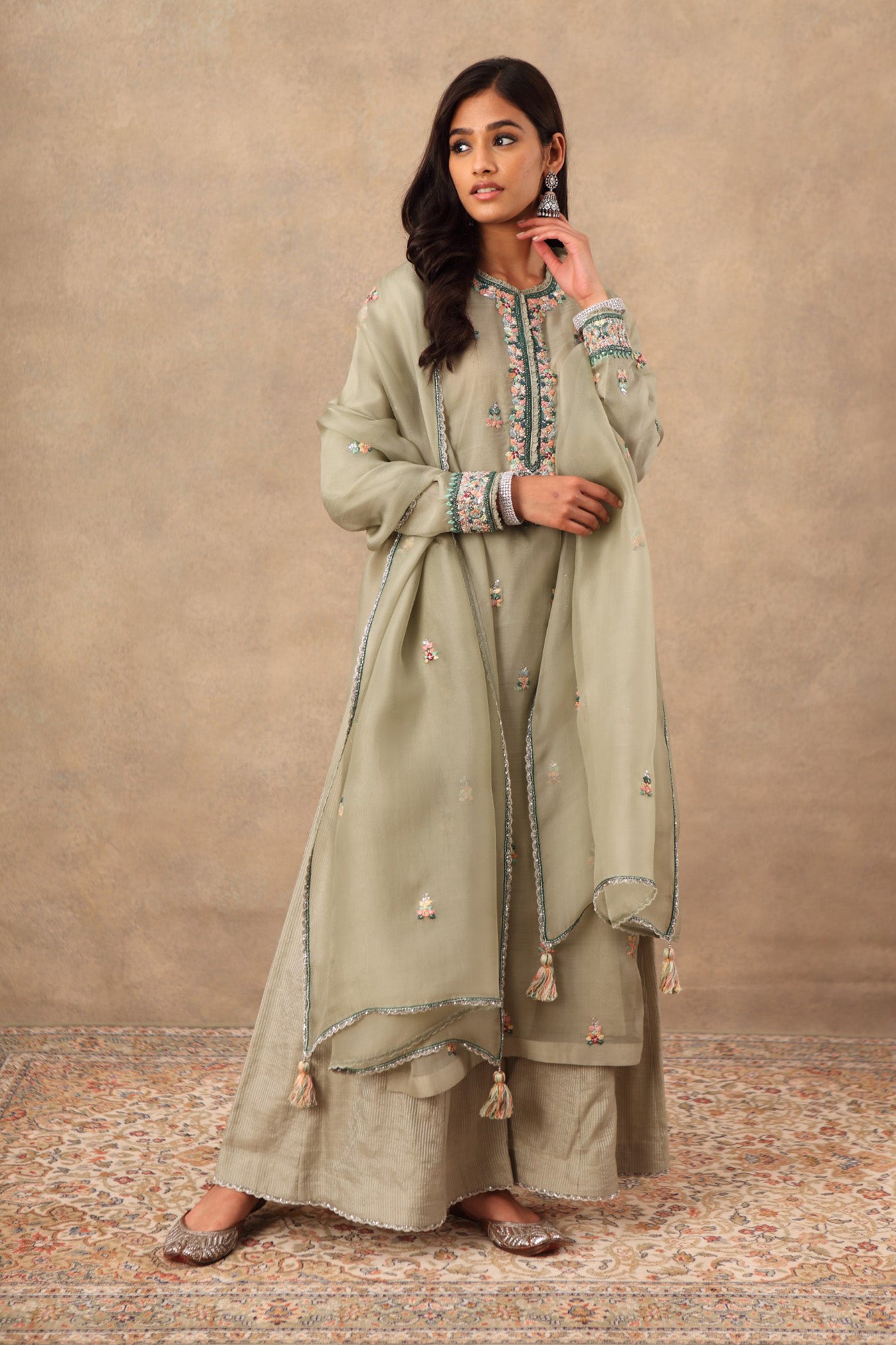 Hand Embroidered Fern Green Pure Katan Silk Kurta Palazzo Set