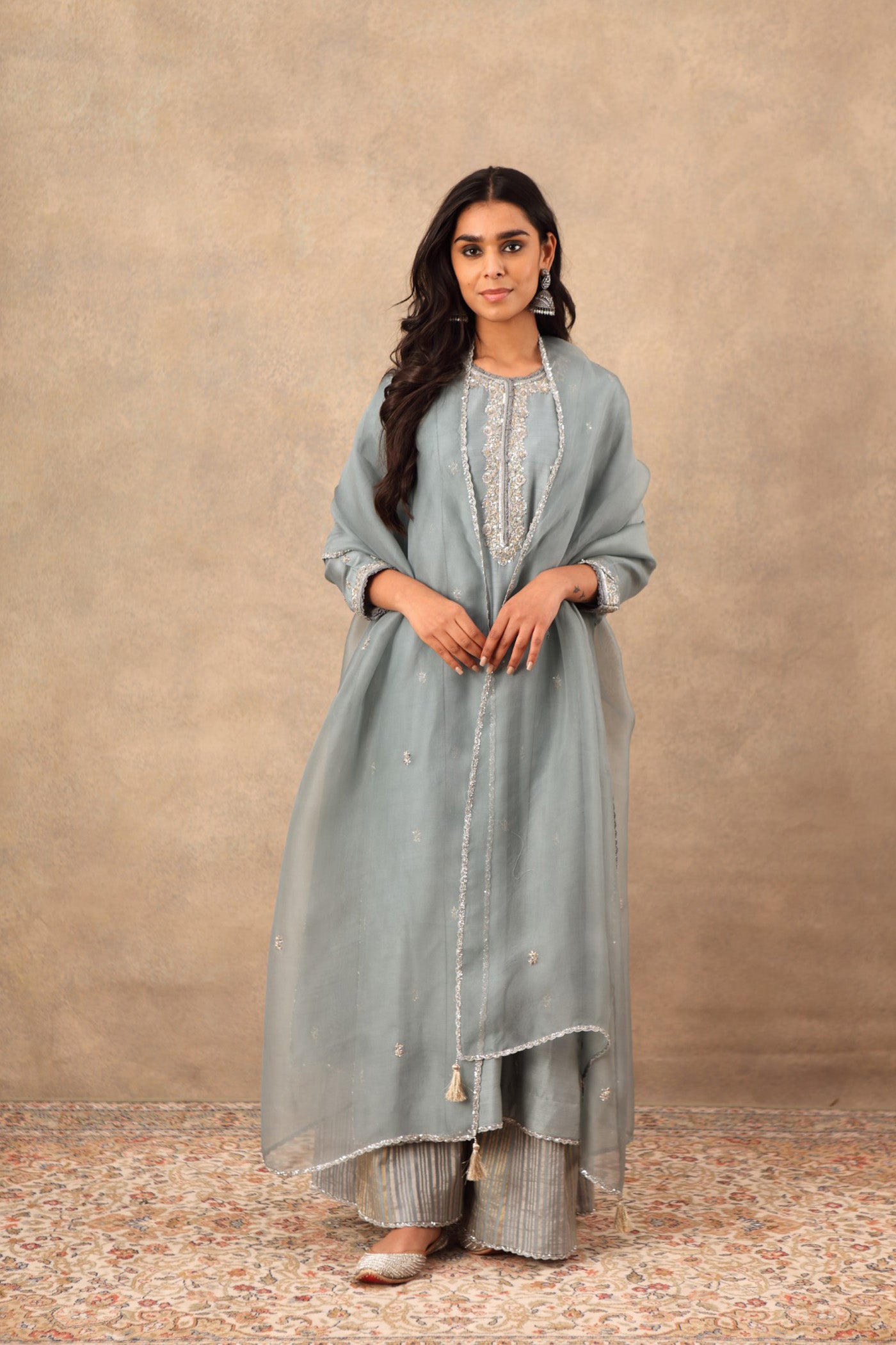 Hand Embroidered Dusty Blue Pure Muga Silk Kurta Palazzo Set