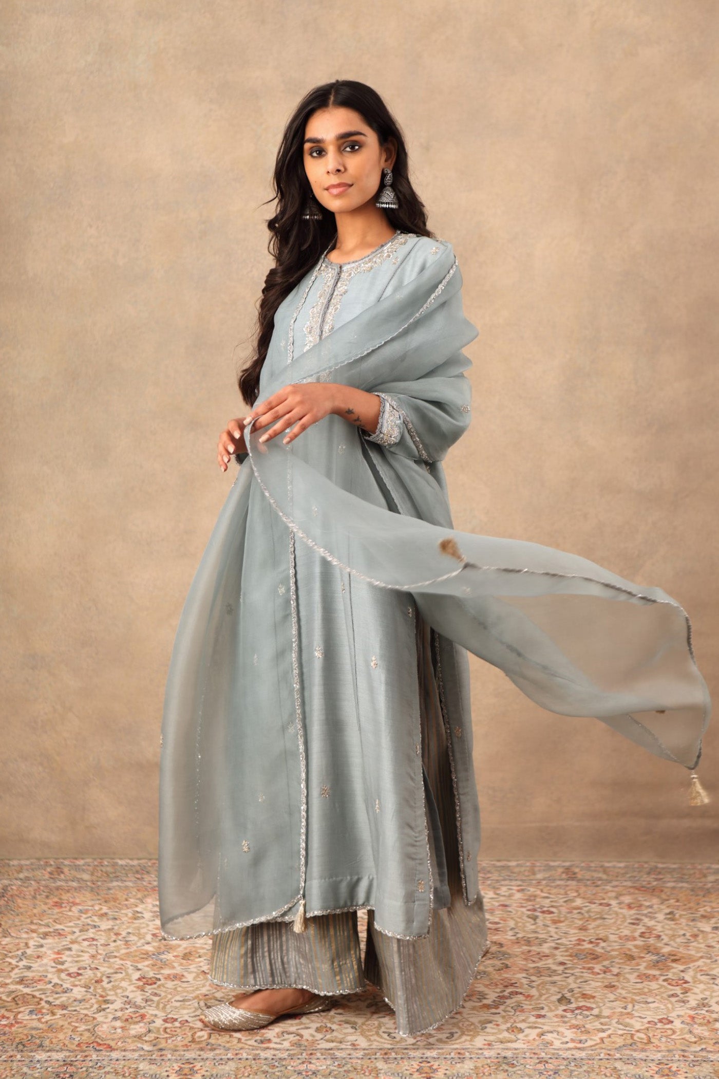 Hand Embroidered Dusty Blue Pure Muga Silk Kurta Palazzo Set