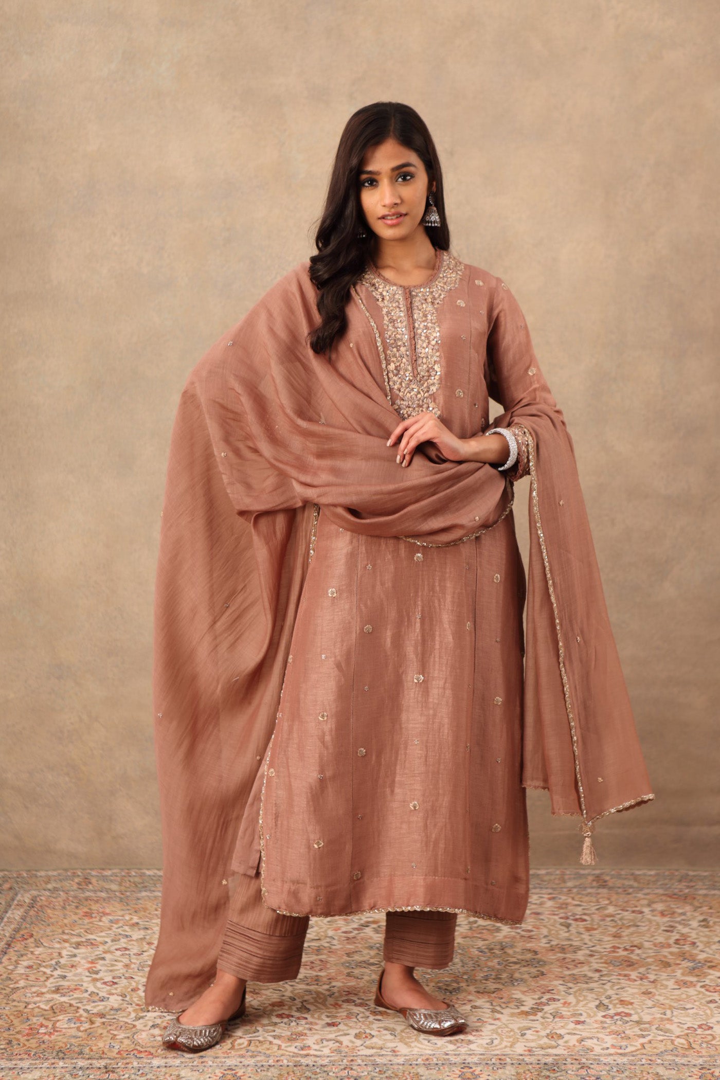 Hand Embroidered Dusty Brown Pure Linen Silk Kurta Pants Set