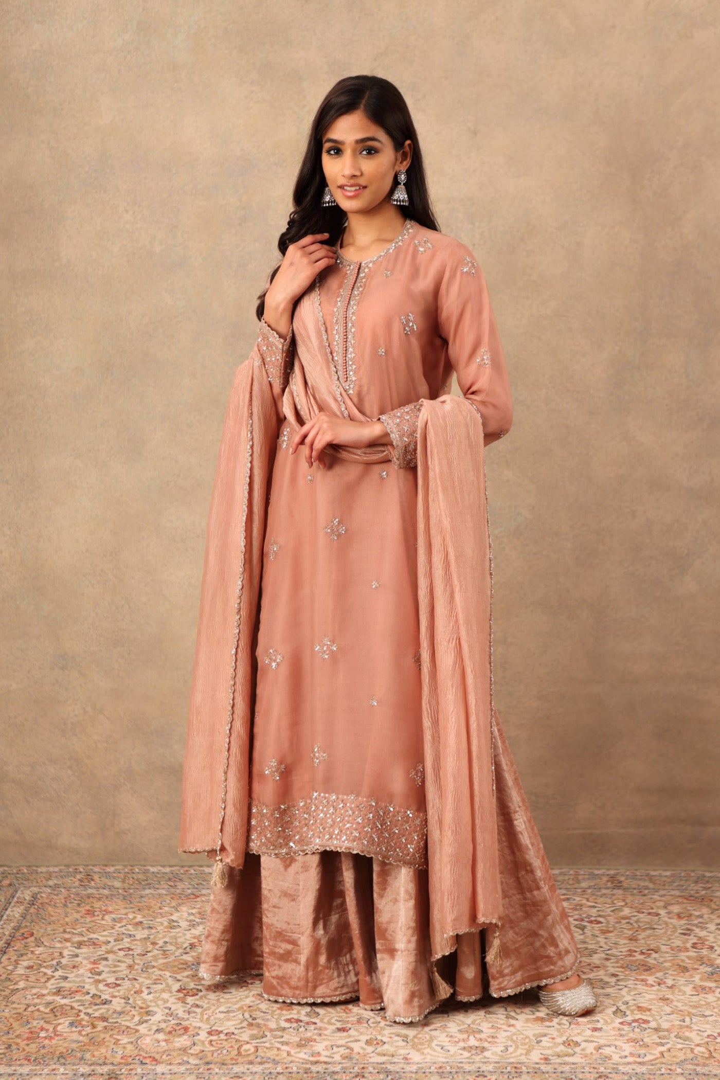 Hand Embroidered Rose Brown Pure Silk Organza Kurta Sharara Set