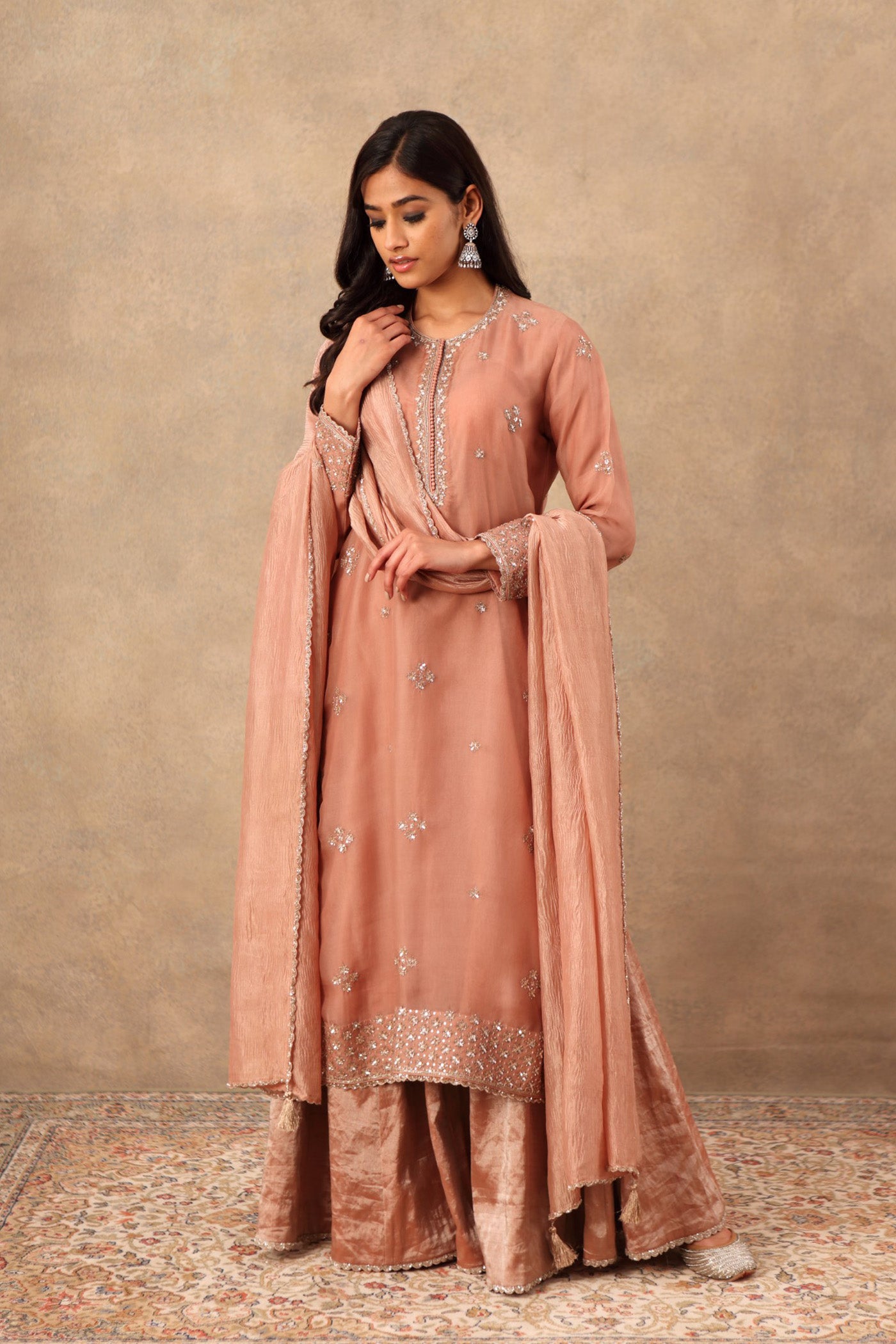 Hand Embroidered Rose Brown Pure Silk Organza Kurta Sharara Set