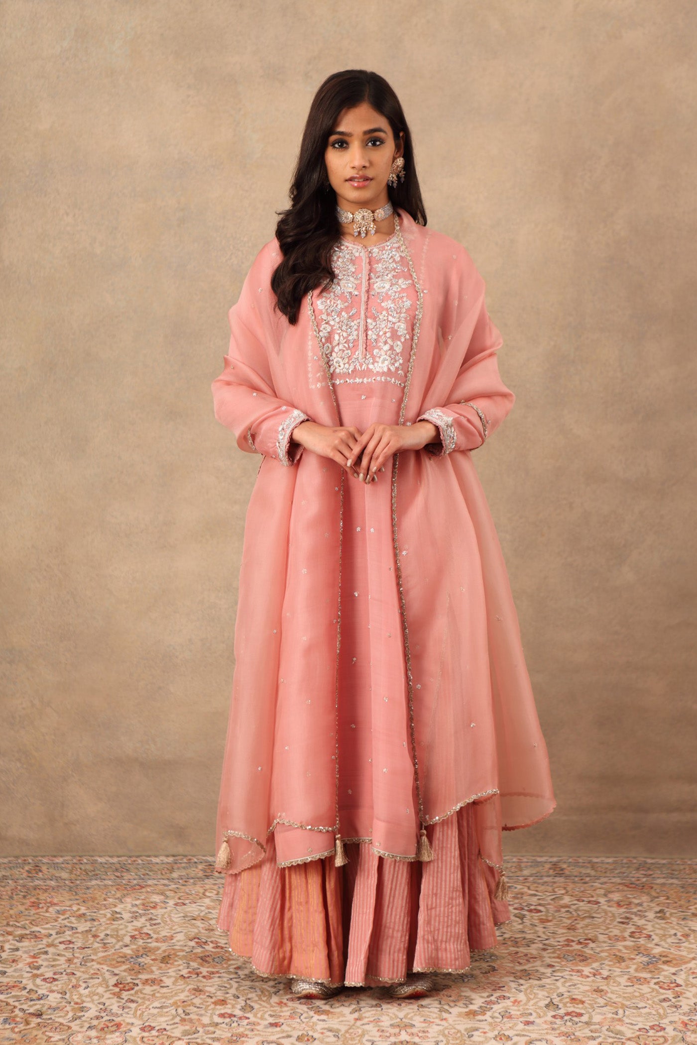 Hand Embroidered Nectar Pink Pure Katan Silk Kurta Sharara Set