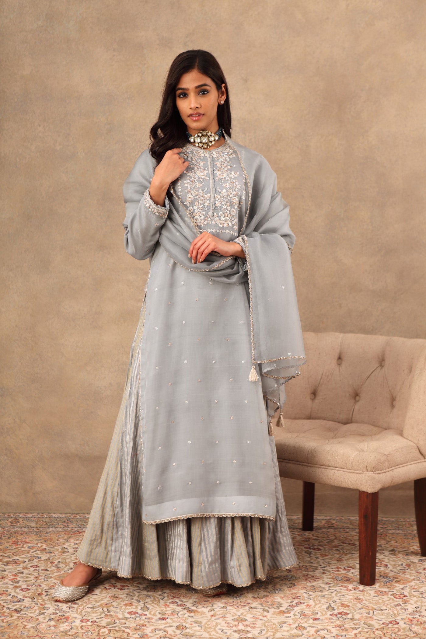 Hand Embroidered Dusty Blue Pure Katan Silk Kurta Sharara Set