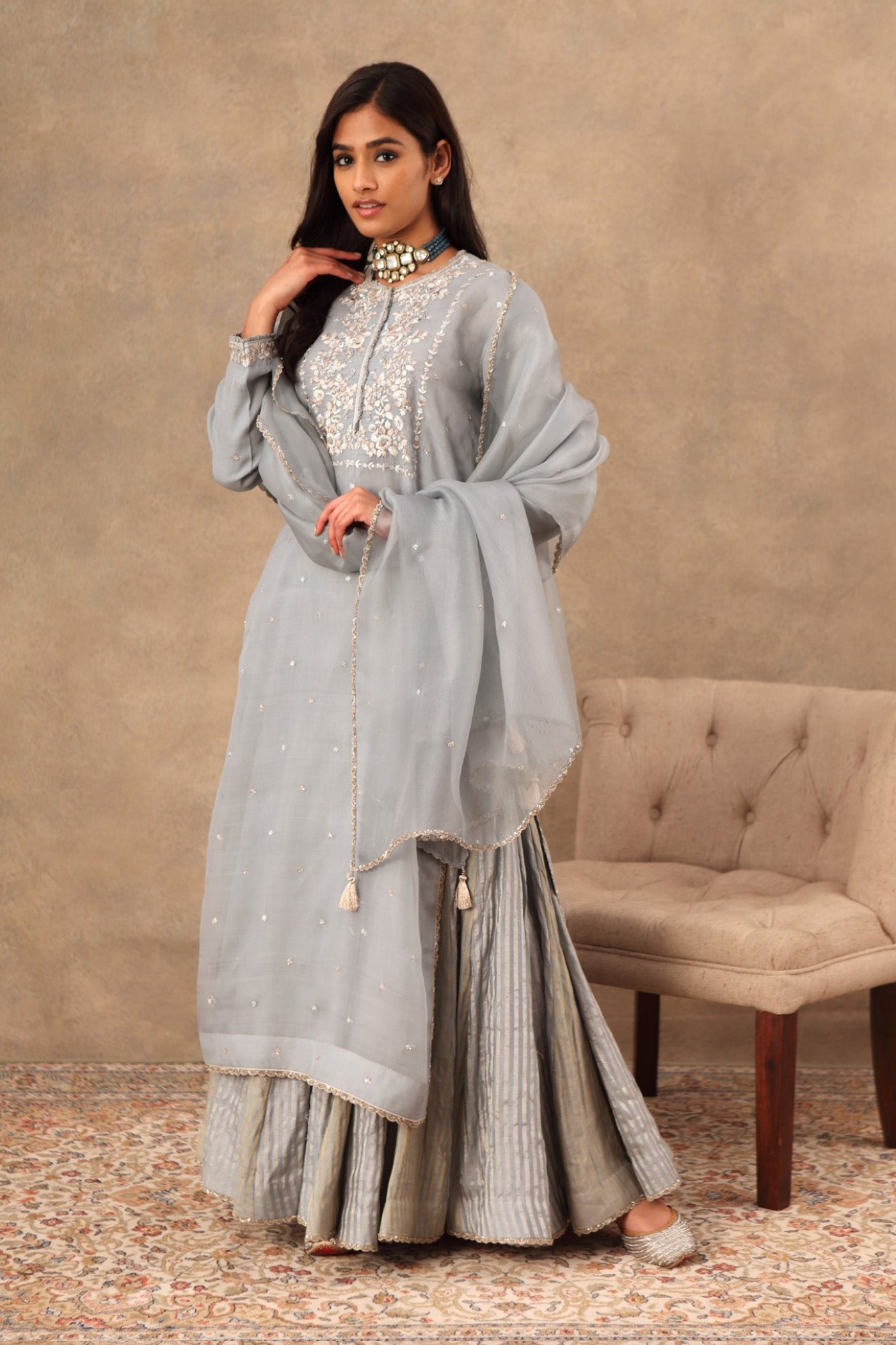 Hand Embroidered Dusty Blue Pure Katan Silk Kurta Sharara Set