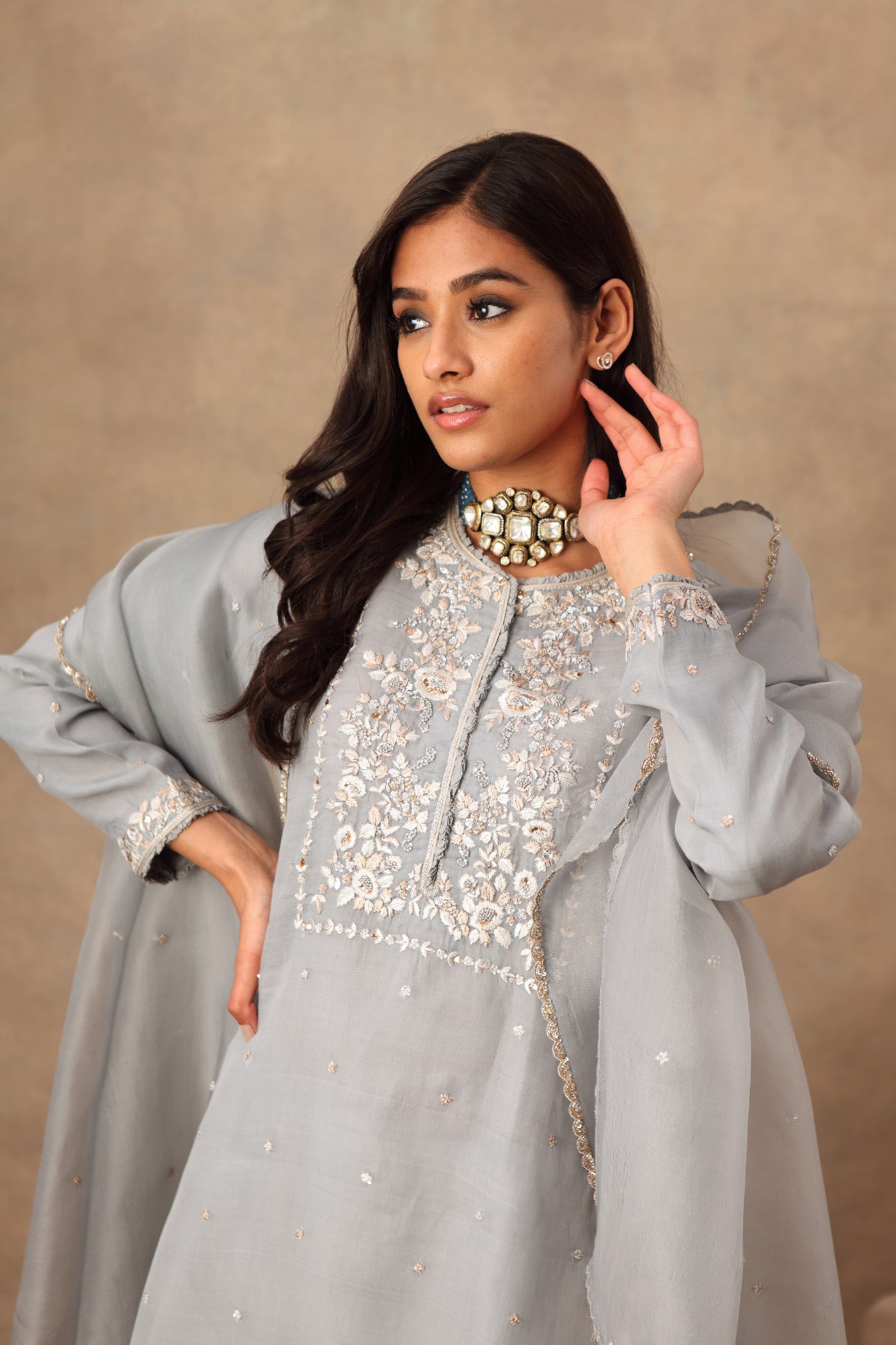 Hand Embroidered Dusty Blue Pure Katan Silk Kurta Sharara Set